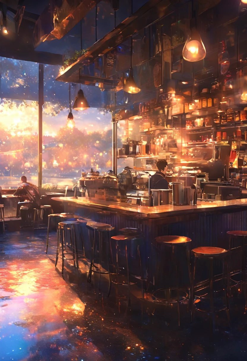 masterpiece, Concept Art, break, 1 young man, coffee shop,  atmospheric perspective, anime style, chromatic aberration, cinematic lighting, reflection light, 8K, super detail, best quality, uhd, high details, textured skin