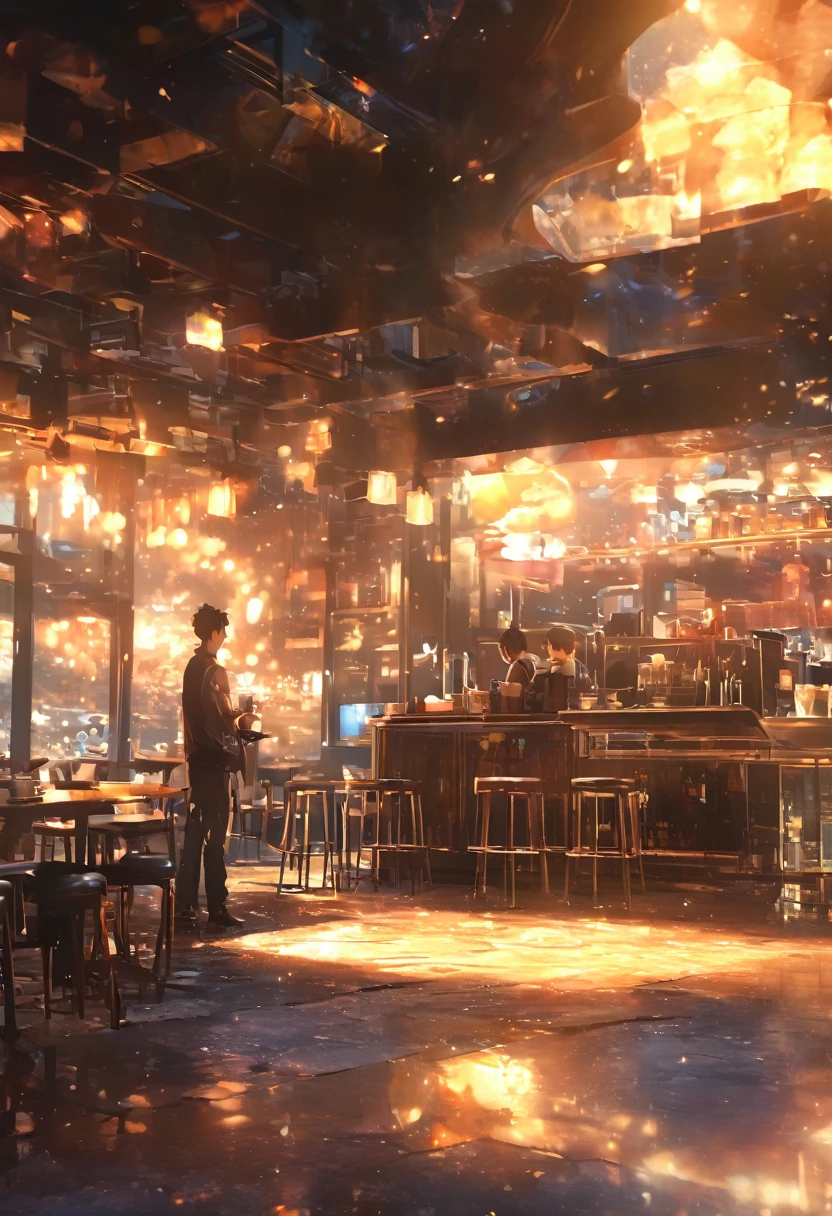 masterpiece, Concept Art, break, ****ung man, coffee shop,  atmospheric perspective, anime style, chromatic aberration, cinematic lighting, reflection light, 8K, super detail, best quality, uhd, high details, textured skin