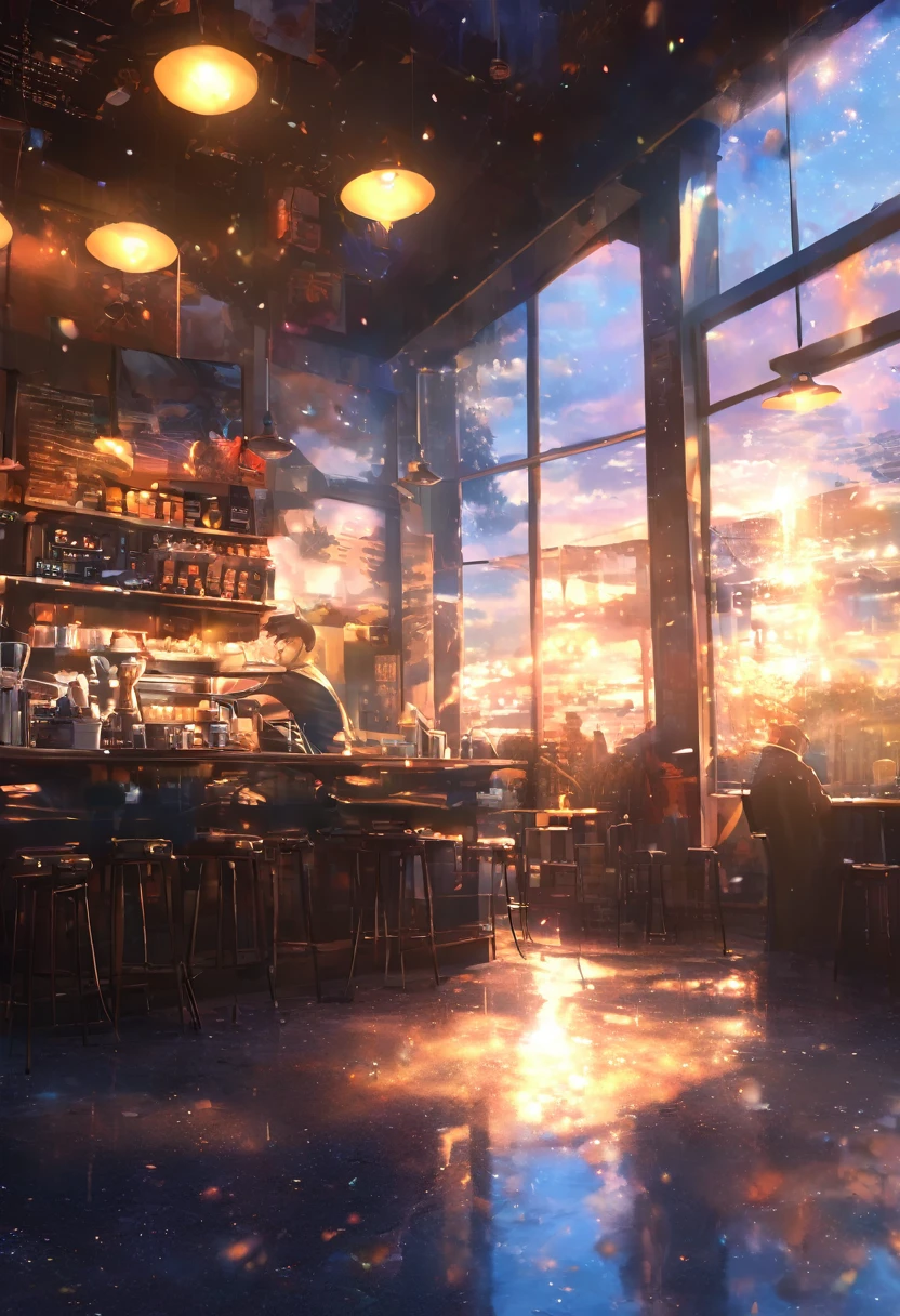 masterpiece, Concept Art, break, ****ung man, coffee shop,  atmospheric perspective, anime style, chromatic aberration, cinematic lighting, reflection light, 8K, super detail, best quality, uhd, high details, textured skin