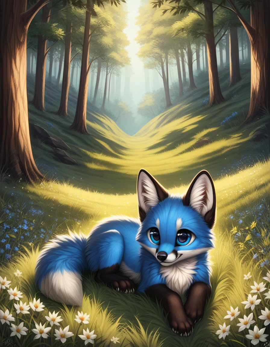 score_9, blue fox, laying down, smol, adorable, blue kit, fuzzy, fluffy, fur, big eyes, detailed eyes, playful, forest, grass, tall grass, flower, solo, daaaaaaaaaaaw, 