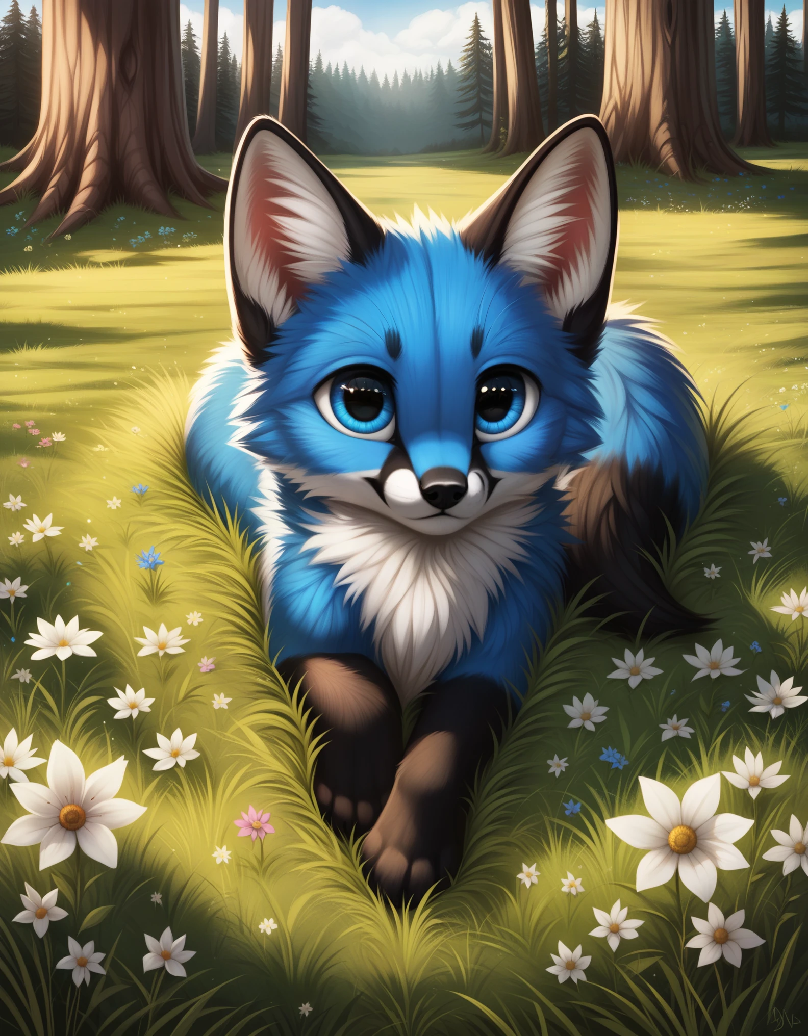 score_9, blue fox, laying down, smol, adorable, blue kit, fuzzy, fluffy, fur, big eyes, detailed eyes, playful, forest, grass, tall grass, flower, solo, daaaaaaaaaaaw, 