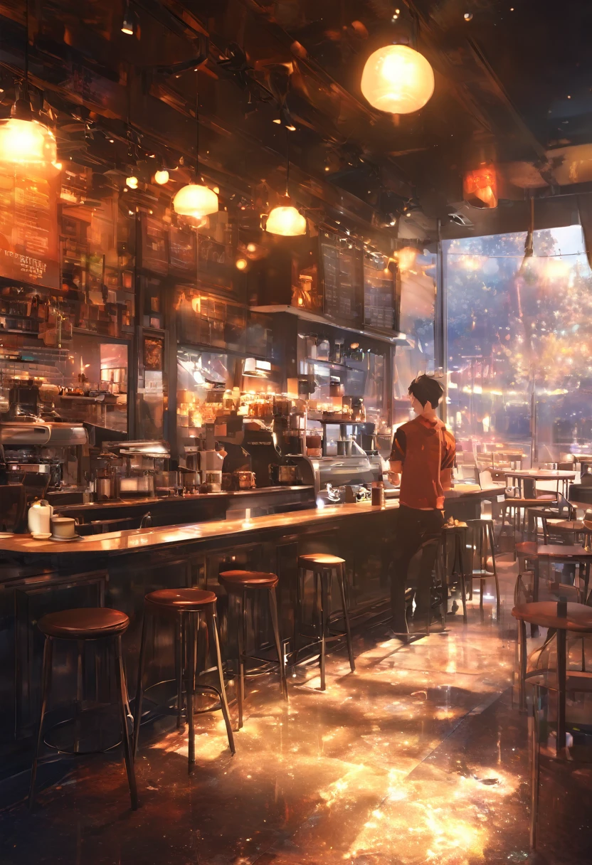 masterpiece, Concept Art, break, ****ung man, coffee shop,  atmospheric perspective, anime style, chromatic aberration, cinematic lighting, reflection light, 8K, super detail, best quality, uhd, high details, textured skin