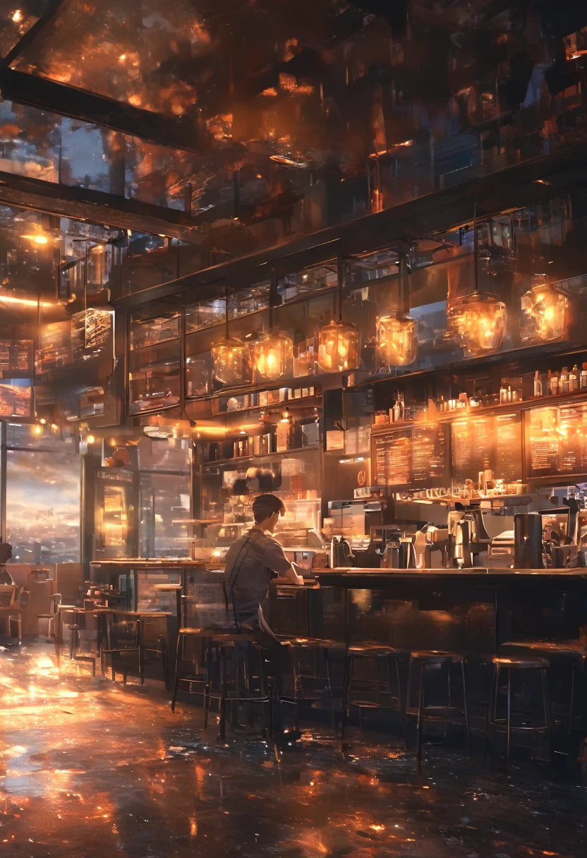 masterpiece, Concept Art, break, 1 young man, coffee shop,  atmospheric perspective, anime style, chromatic aberration, cinematic lighting, reflection light, 8K, super detail, best quality, uhd, high details, textured skin