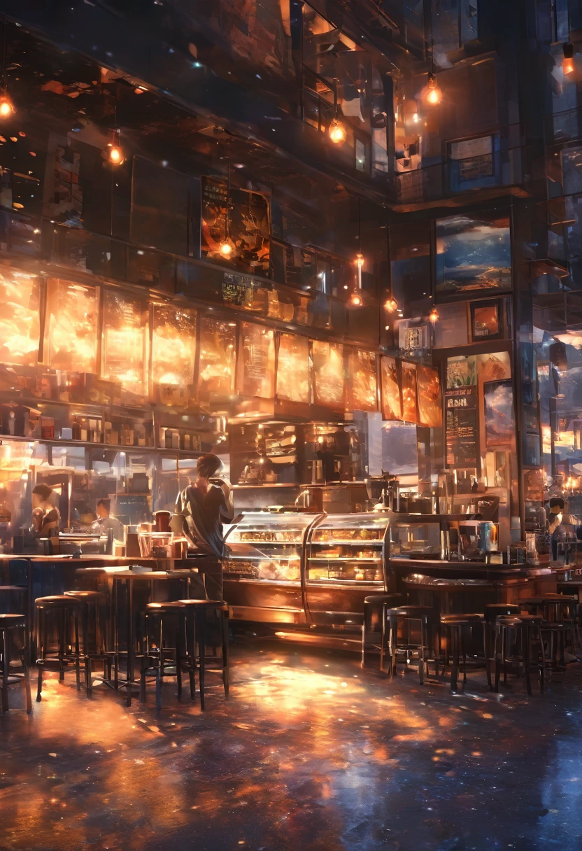 masterpiece, Concept Art, break, ****ung man, coffee shop,  atmospheric perspective, anime style, chromatic aberration, cinematic lighting, reflection light, 8K, super detail, best quality, uhd, high details, textured skin