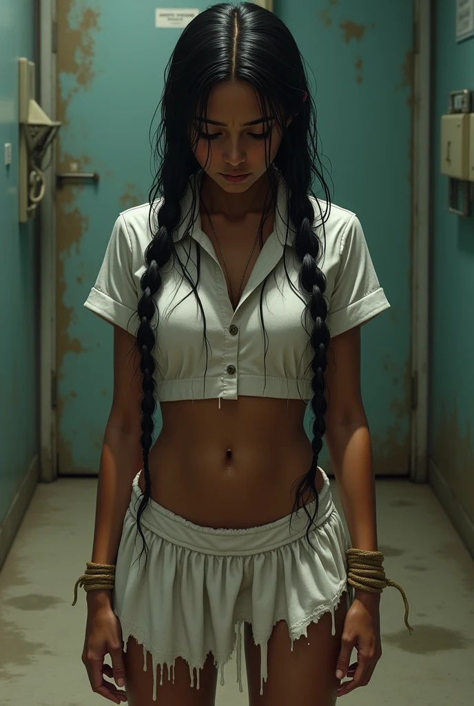 1,4 realistic indian school girl skimpy school uniform , shows hair. dark skin hurt face, 1 teen beautiful, black braided long hair, crying and very (hurting) ((scared expression)), full body, hands bound above head eyes down slave full in body, wear ONLY very short soaking wet black skirt
