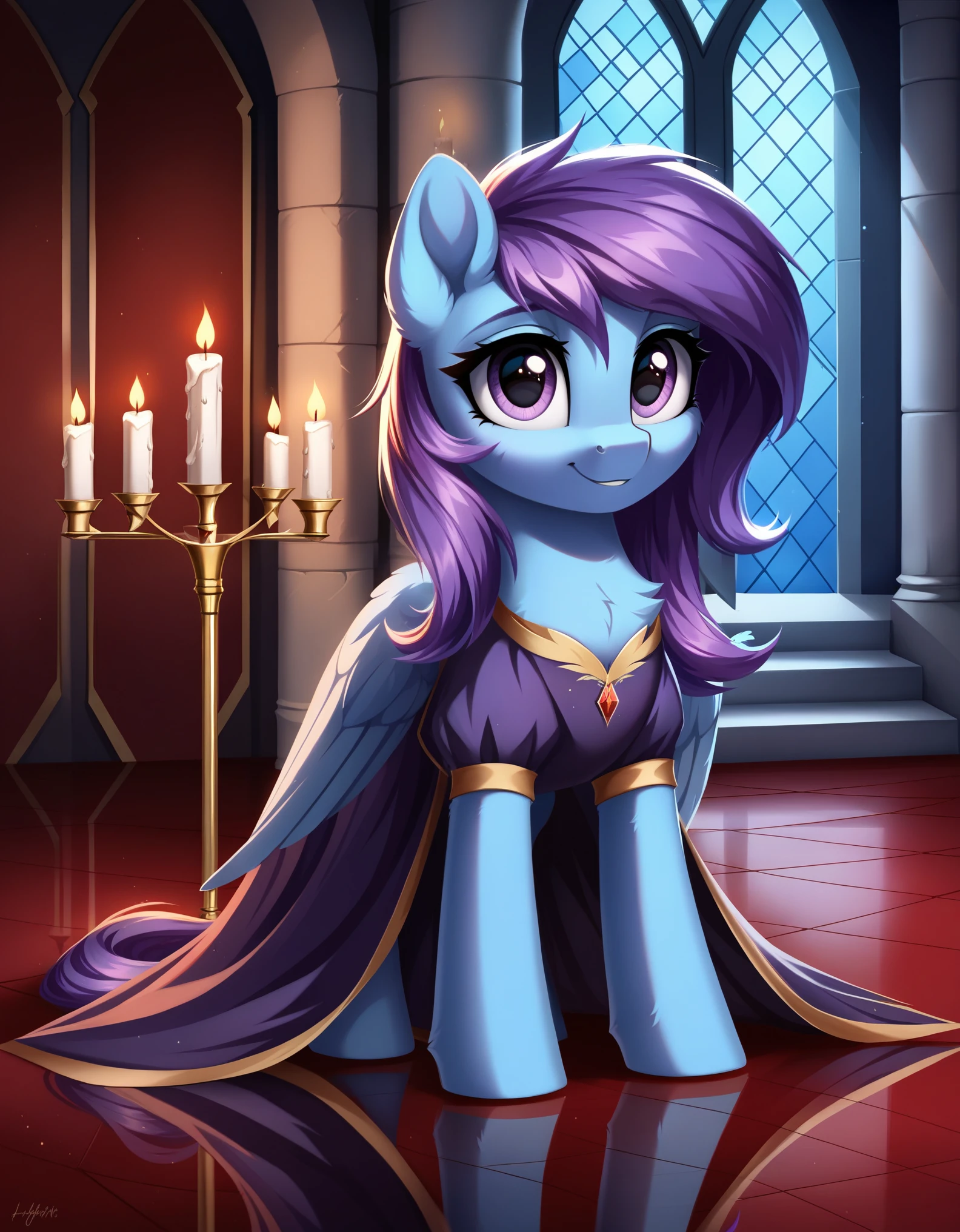 score_9, indoors, castle, candles, reflective floor, pony, mare, pegasus, detailed, beautiful, cute, hnnng, daaaaaaaaaaaw, weapons-grade cute, (fluffy:0.5), chest (fluff:0.5), ear (fluff:0.5), cheek (fluff:0.5), fur, rating_safe, blue fur, purple mane, dress, night