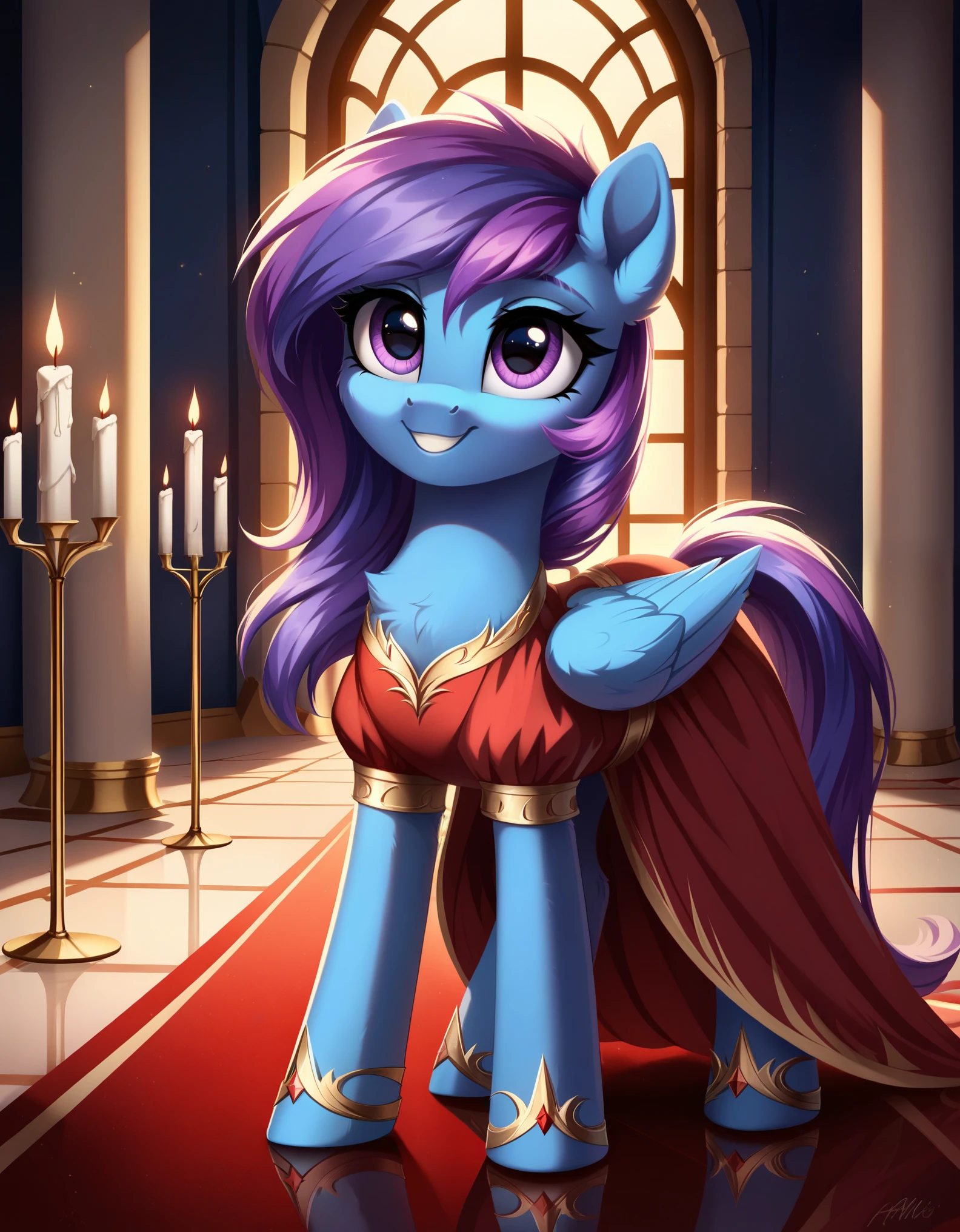 score_9, indoors, castle, candles, reflective floor, pony, mare, pegasus, detailed, beautiful, cute, hnnng, daaaaaaaaaaaw, weapons-grade cute, (fluffy:0.5), chest (fluff:0.5), ear (fluff:0.5), cheek (fluff:0.5), fur, rating_safe, blue fur, purple mane, dress, night