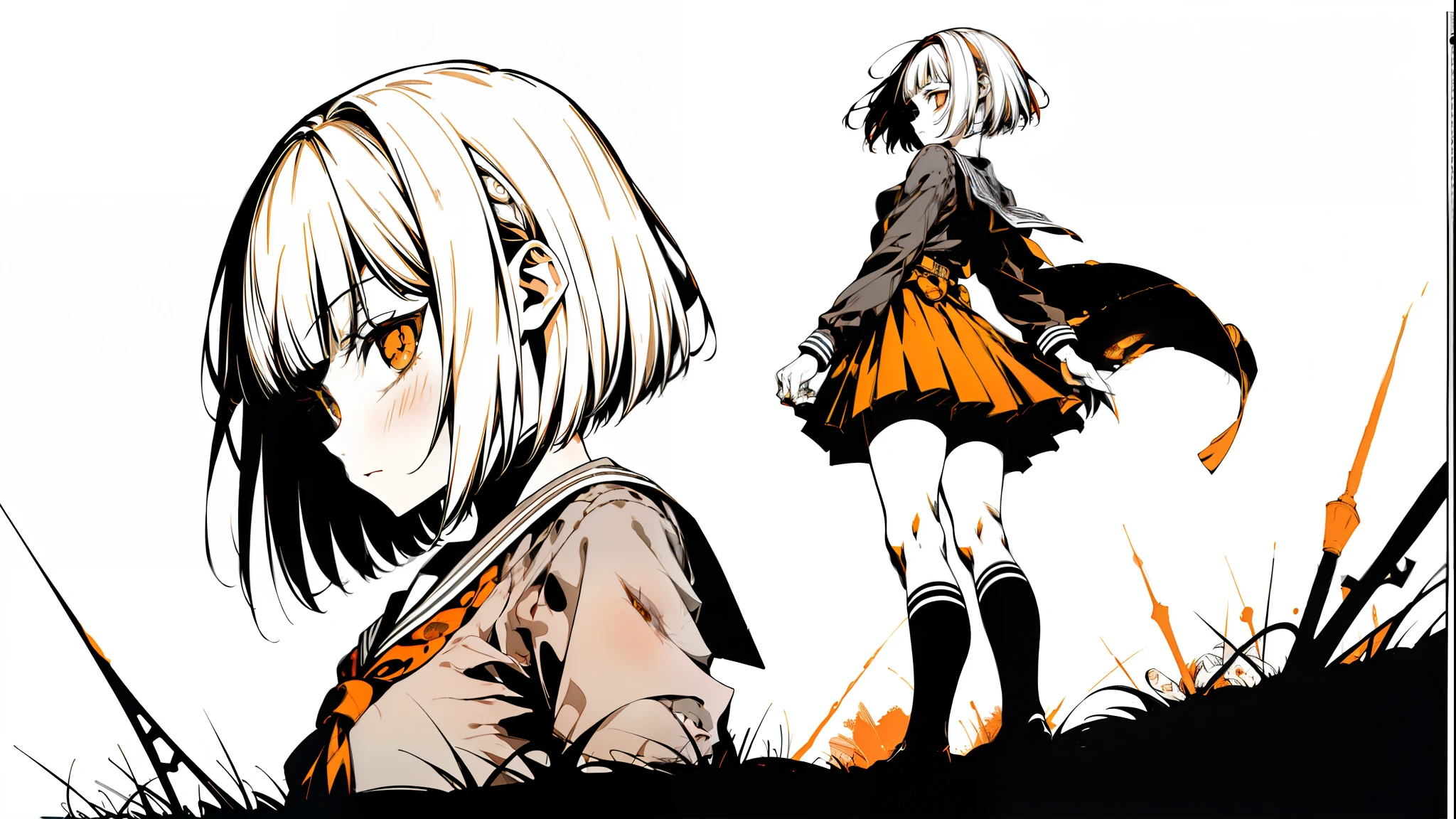 profile、From the side、Side view、reaching out 、from below、short hair、blunt bangs、Ring Eyes、Orange Eyes、v5lcn style,(Best Quality,masutepiece:1.2),(Anime style,Comic Noir Style:1.1),1girl in,cute-style,adorable,extremely detailed eye,extra detailed face,very detail hair,8k,resolution,High School Girl,Sailor Uniform