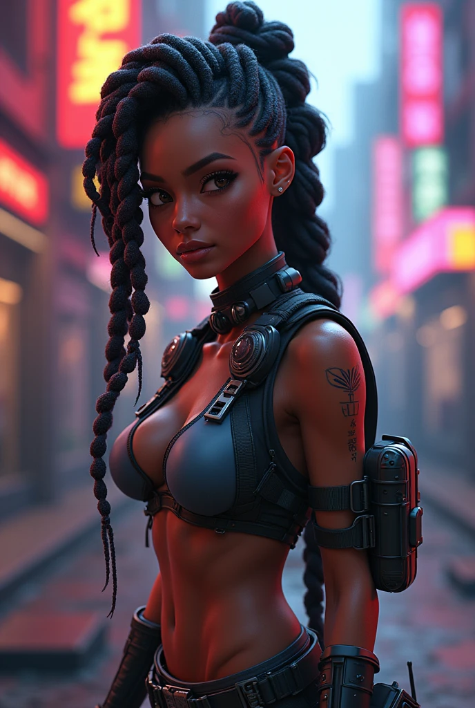 hyper realistic tones black woman wearing cyberpunk leotard and cyberpunk jacket ontop of building