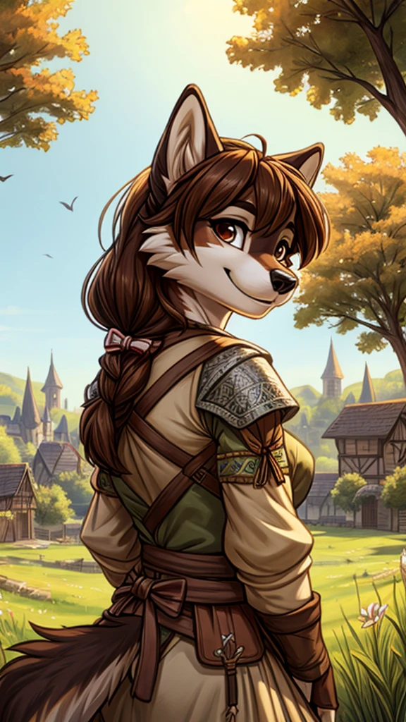 (very detailed illustration: 1.2), best quality, masterpiece, solo, natural lighting, An young female anthro wolf with dark brown fur, she has brown eyes and dark brown hair, she is dressed in archer clothing from the medieval era, she is in an open field, on his sides there are trees and behind her is a village from the medieval era, she is smiling while she has her bow and arrows on her back.