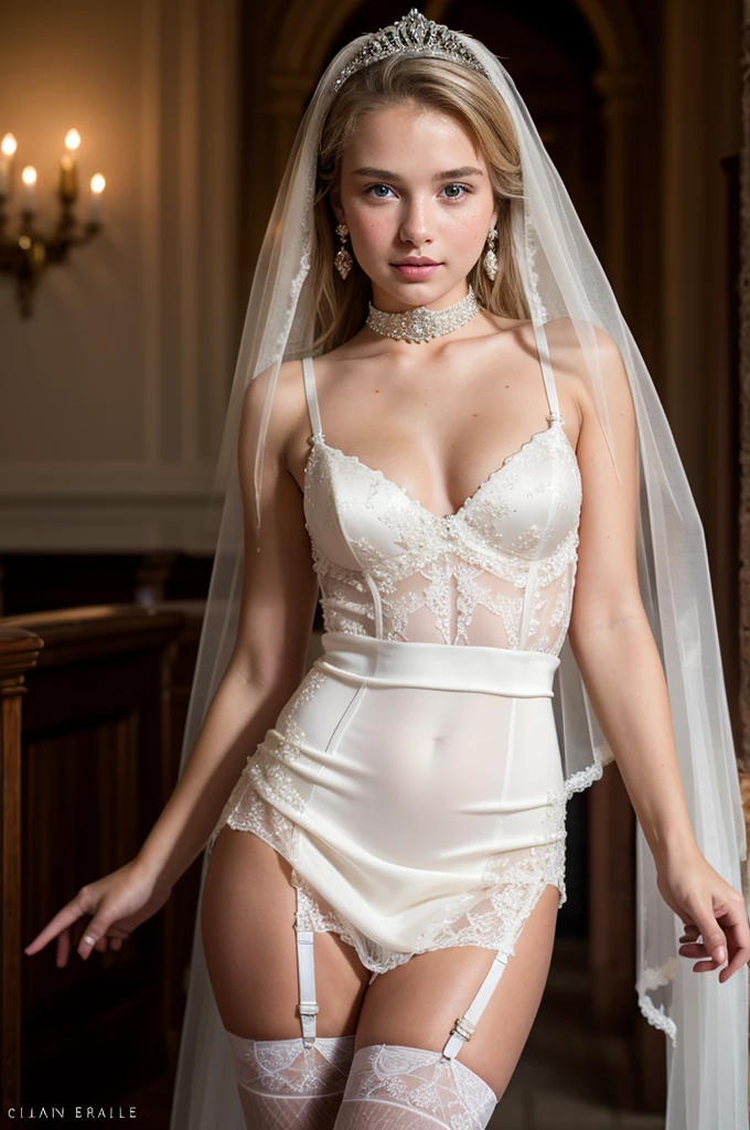 (of the highest quality, High resolution, 8K, masutepiece: 1.2), (1 beauty, Face, Detailed face), (, Slender Abs,Golden head hair), (portlate, Focus on the face), look at a camera, Arafe woman in lingerie with a bouquet of flowers, emma frost, veils, wearing a wedding dress, blond woman in a, wedding photos, Veils and Gemstones, bride, in wedding dresses, lingerie!!, Wedding, ren", wedding dress, fully covered in drapes, masutepiece!!!!, Written by John Opie, masutepiece!!!, breath taking beautiful, Lace veil