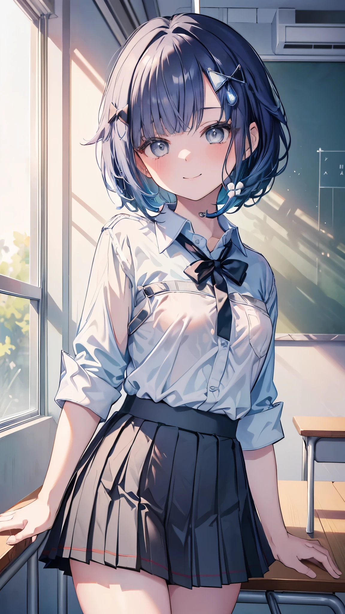 ((masterpiece、Highest quality、Very detailed))、One girl、gyaru、Tsumugi Kokage、Blue Hair、short hair、hair ornament、Grey Eyes、smile、Small breasts、((White collared shirt))、Short sleeve、A bow tie、((Black pleated skirt))、((miniskirt))、Cowboy Shot、Classroom Background