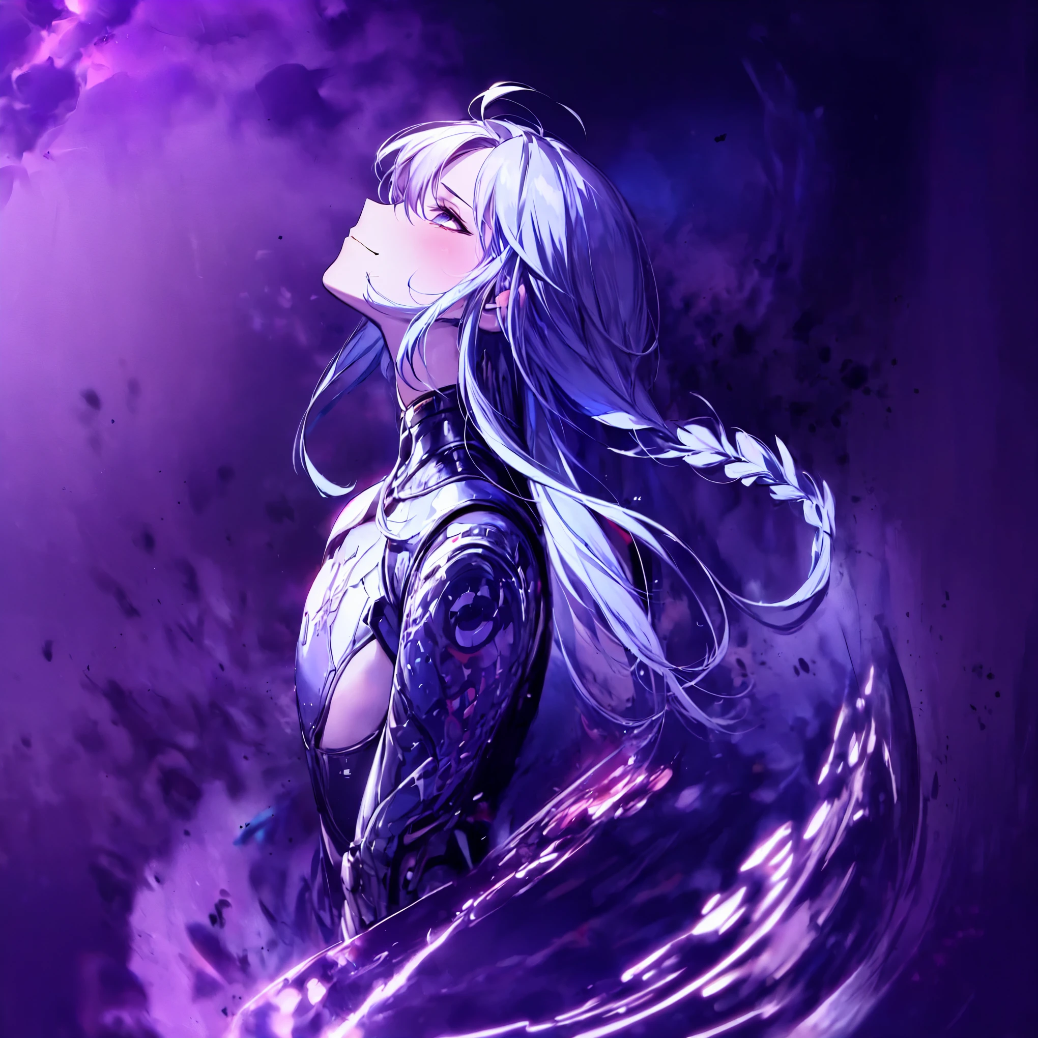 (fcDetailPortrait:0.77) ,masterpiece, best quality, (detailed anime, video game art, extremely detailed CG unity 8k wallpaper), (best quality), (best illustration), (best shadow), absurdres, realistic lighting, (Abyss), (art nouveau:1.25),(anime, solo, mature, tsurime, hair in front of eye, woman, dynamic, dynamic rotation, from the side, turning her head, portrait, medium shot:1.19), (smile, smirk, evil, villain pose:1.2),( flat chest:1.4), senti, black eyes, white hair, free flowing long hair, floating hair, braids, braided hair, dark eyes, blood, warrior, black (cybernetic armor, high tech armor, serious expression:1.3), changli