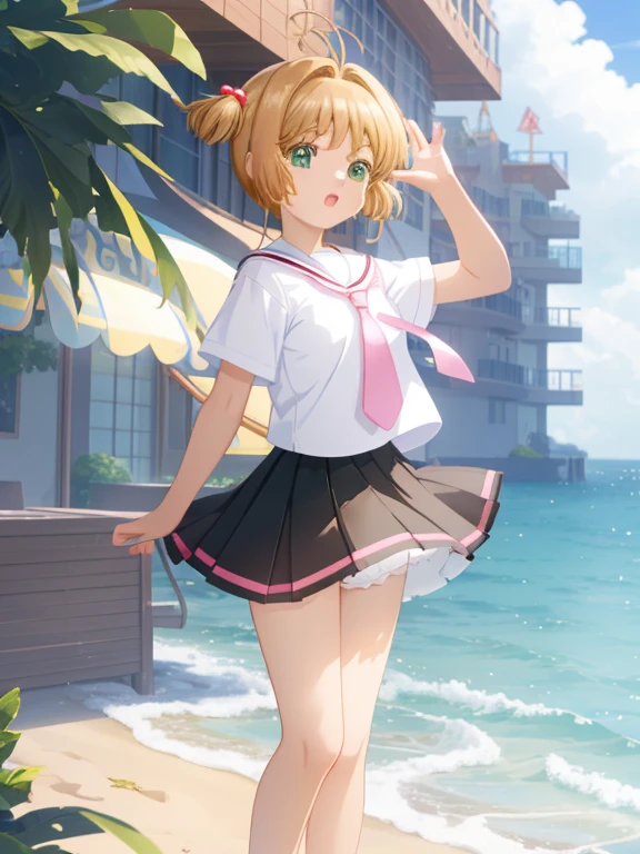 masterpiece,best quality,Arcueid,red eyes,short hair,1 girl,solo,skirt,breasts,looking at viewer,open mouth,white blouse,blue skirt,blouse,outdoor blouse,short blouse,big breasts,pleated skirt ,miniskirt,:d,day,beach,sand,sun,blush,