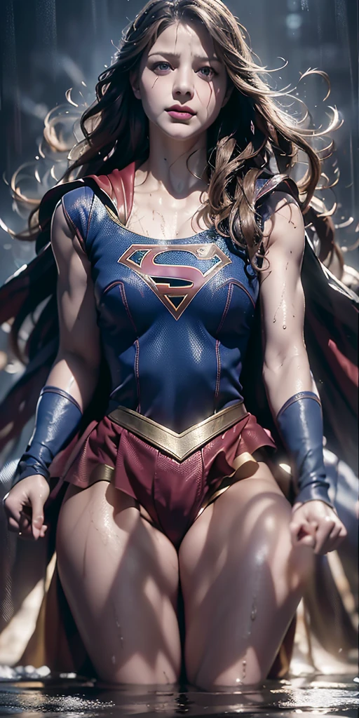 Best image quality, masterpiece, Ultra-high resolution, (Faithfulness :1.4), photograph, 1 girl,[(sorrow)],supergirl costume, 薄dark, dark, Desperate, Sympathize, Pathetic, Cinematic,Break,Breakdrop,(Torn costume:1.5), (Wet costume:1.4), Exposing shoulders,Real Rain,Wet Hair,.Melissa Benoist