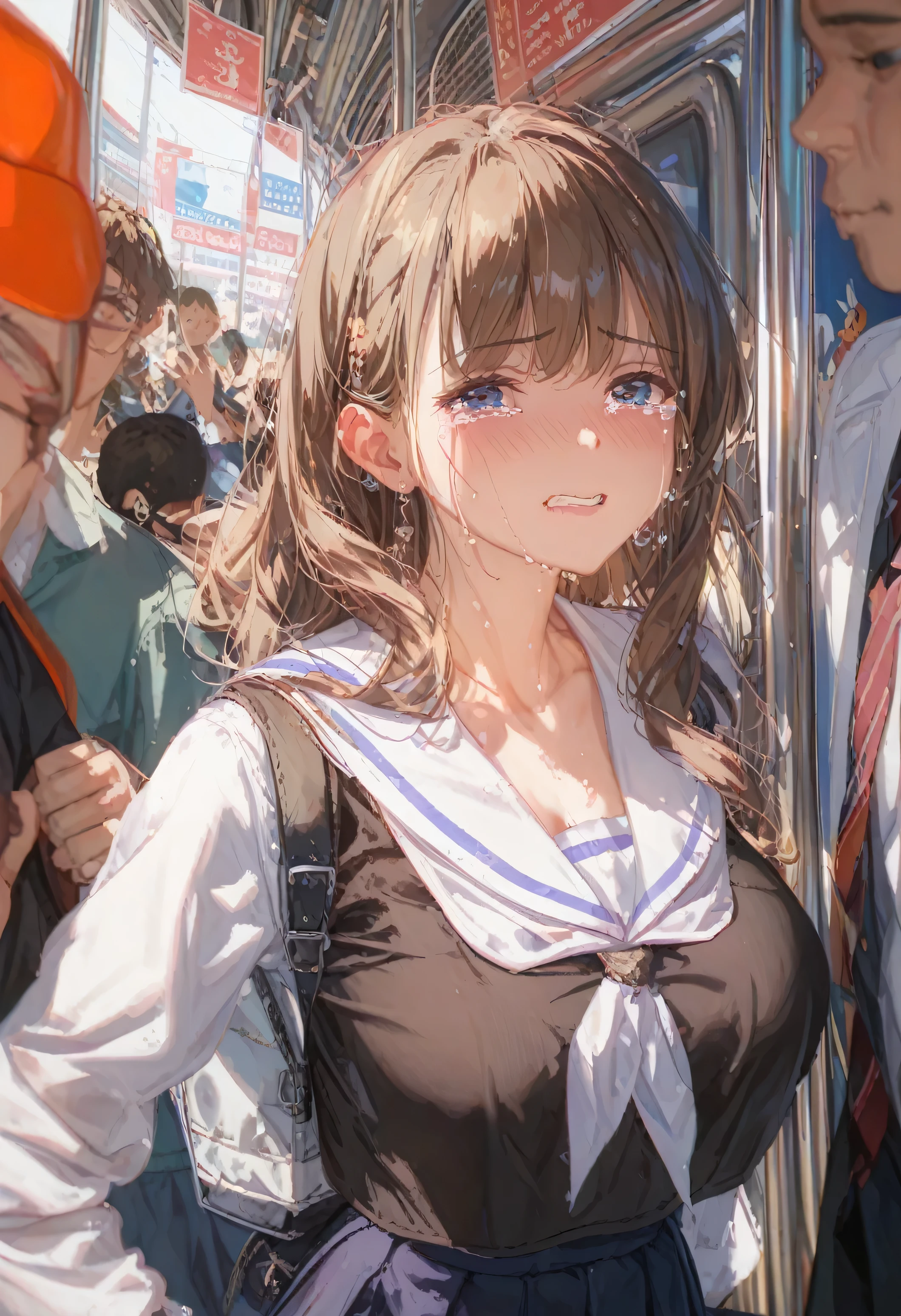 ((crowded train))、((My chest is rubbed))、((Full body image))、Beautiful sister standing、((One Girl))、White skin、((Many men nearby))、((White Sailor Suit))、Long dark brown hair、bangs、((Crying face、Girl's tears、Girl Turning Her Head))、Best image quality、Realistic images