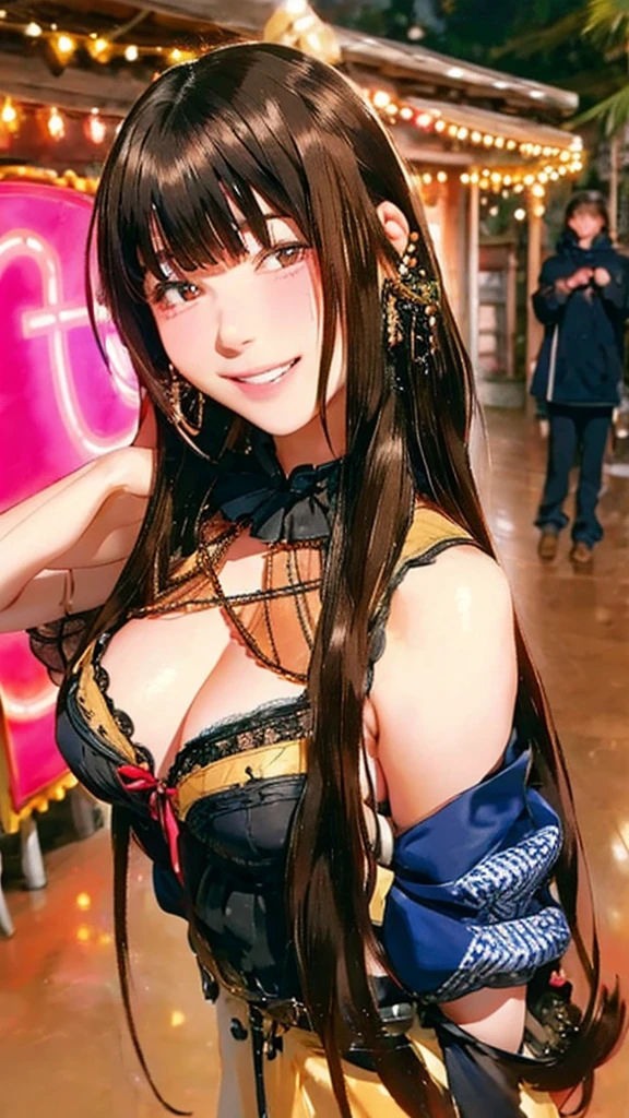 （One girl, High resolution, Long Hair, bangs, Brown Hair, smile, とてもLong Hair, accessories, Anatomically correct, Highest quality, masterpiece, accurate, Sexy Lingerie、Big Breasts、Glossy lips、Oily skin、Perfect body、Perfect hands、Perfect Face、Background with neon lights）