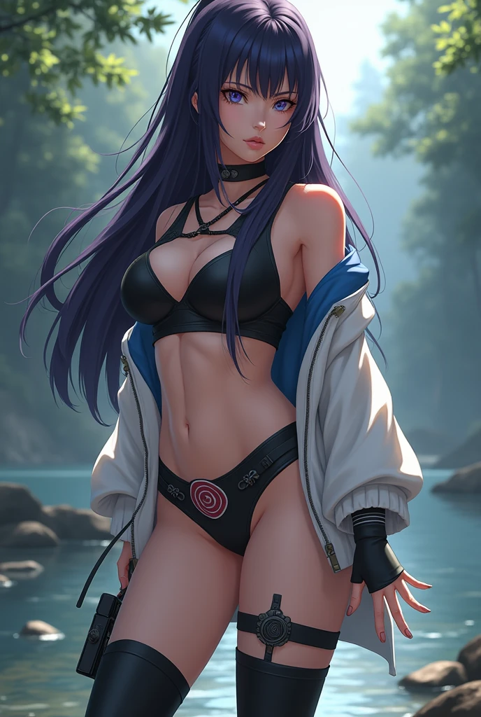 obra-prima, alto, alta qualidade, rosto detalhado, render corpo detalhado, 1girl, sozinho, hyuuga hinata, hinata-sleevless-outfit, middlebreasts, Small thorax, quadril largo, coxas grossas,  barriga de fora, top, tampo da rede de pesca, Dark lips, no-bra, seios, Dope, standingn, Blushes, (no quarto), trousers fishing net