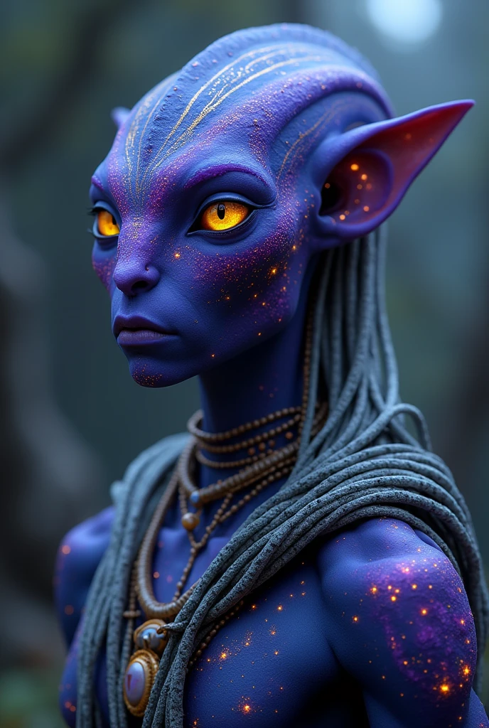 Delicate reptilian woman with bright purple scales, wears gold accessories and a golden helmet, she is sitting on top of a building in the big city at night