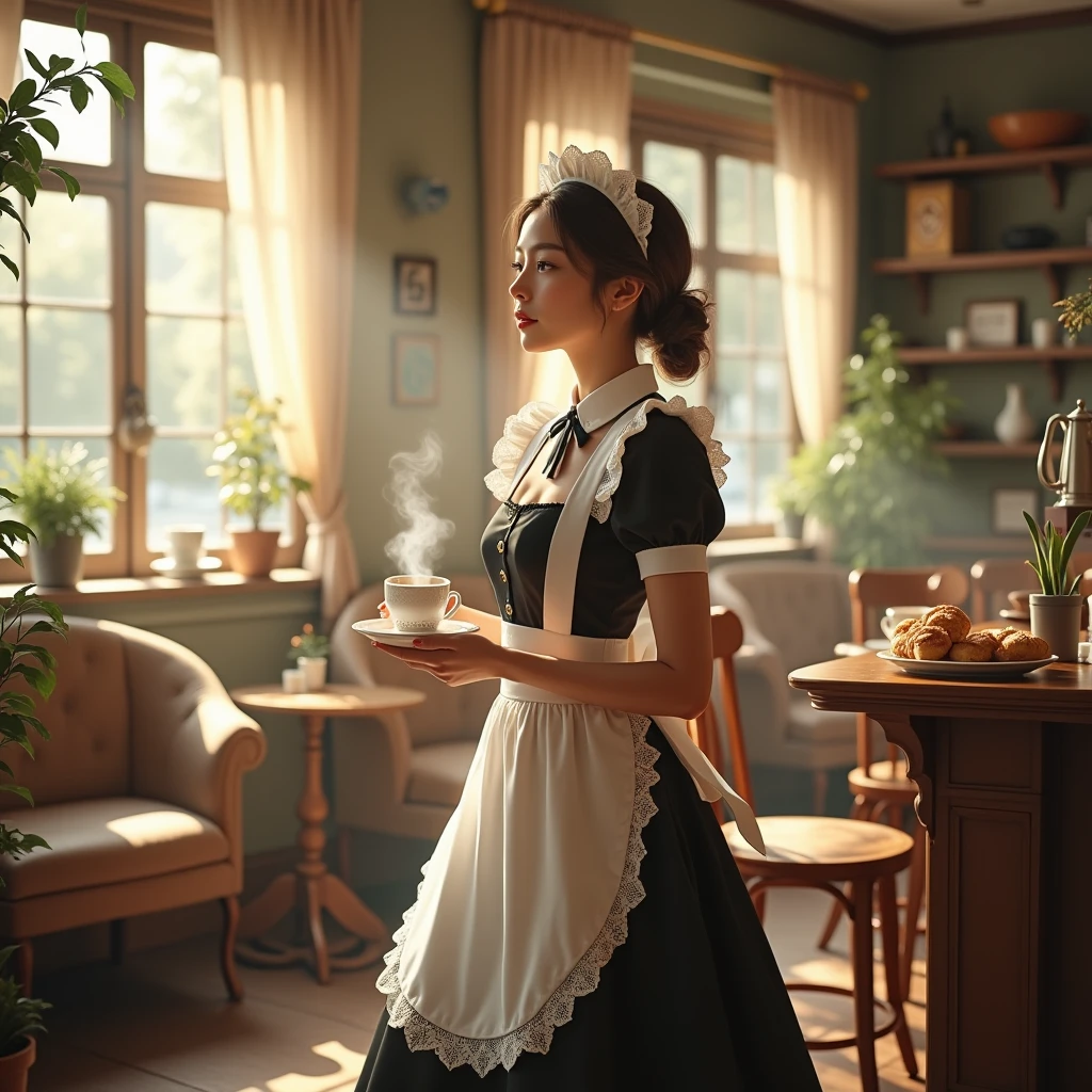 a beautiful maid in a cozy coffee shop, female maid uniform, apron, serving coffee and pastries, intricate lace details, warm lighting, photorealistic, highly detailed, cinematic composition, elegant Victorian style interior, plush chairs, wooden tables, potted plants, sunlight streaming through windows, steam rising from cups, warm color palette, soft focus background