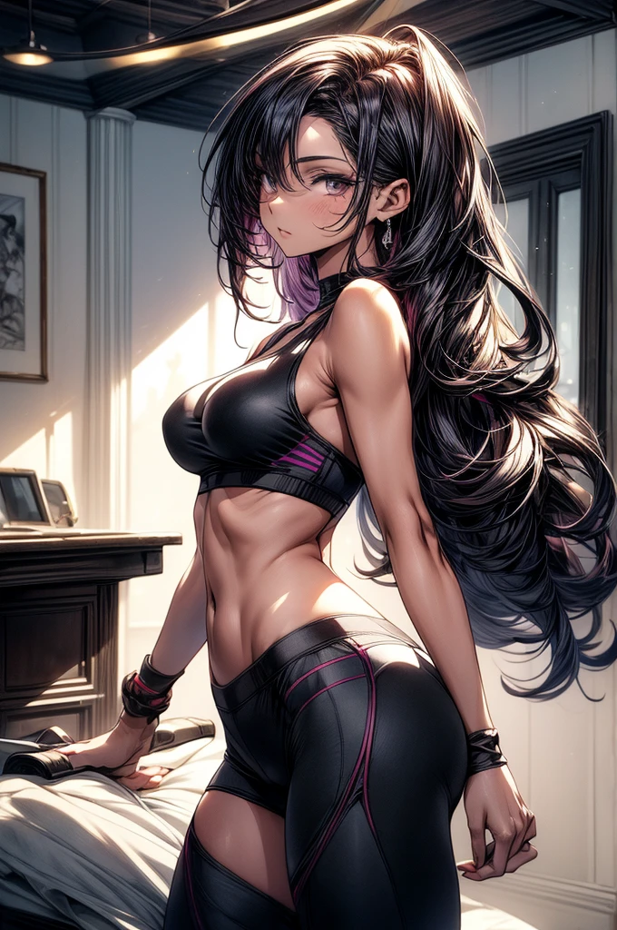 ((best quality)), ((masterpiece)), (detailed), lacy white bra, white lace stockings, white thong, 2 smug demon girl, glistening caramel brown skin, black onyx horns, piercing obsidian colored eyes, sleek and curly waist length black hair, young slender and slim girl with mouthwatering curves, , big breasts, 2 twins (one white hair, one black hair), solo, beautiful seductive features, sexy lighting, S-shaped body, tall height, toned body, heart shaped tail protruding out her back, sexy lace lingerie accentuating her succulent heart shaped ass, cowboy shot,
