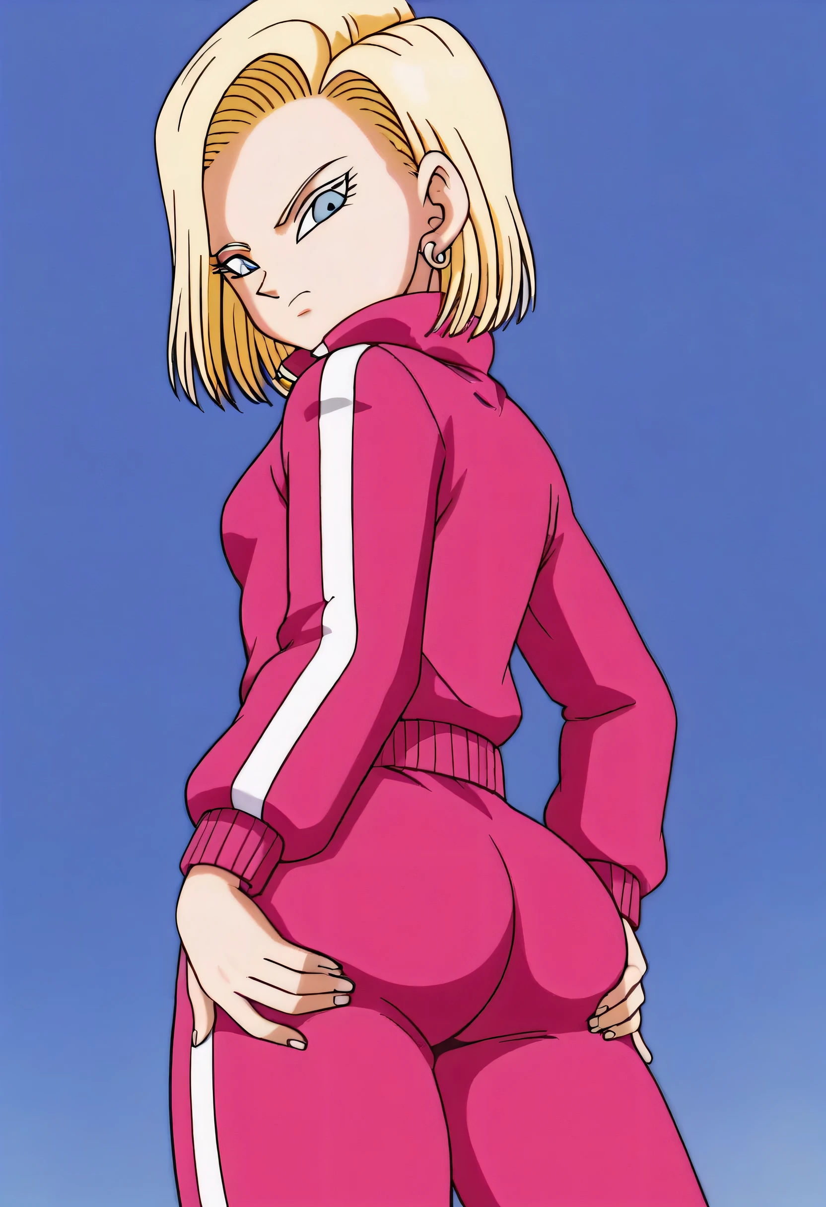 source_anime, score_9, score_8_up, score_7_up, anime screencap, ass, from behind, from below, looking at the viewer, detailed face, android 18, supertop, 1girl, solo, looking at viewer, short hair, blue eyes, blonde hair, small breasts, collarbone, hoop earrings, city, street, collar up, track jacket, pink jacket, track suit, track pants, pink pants, standing, hands on own ass