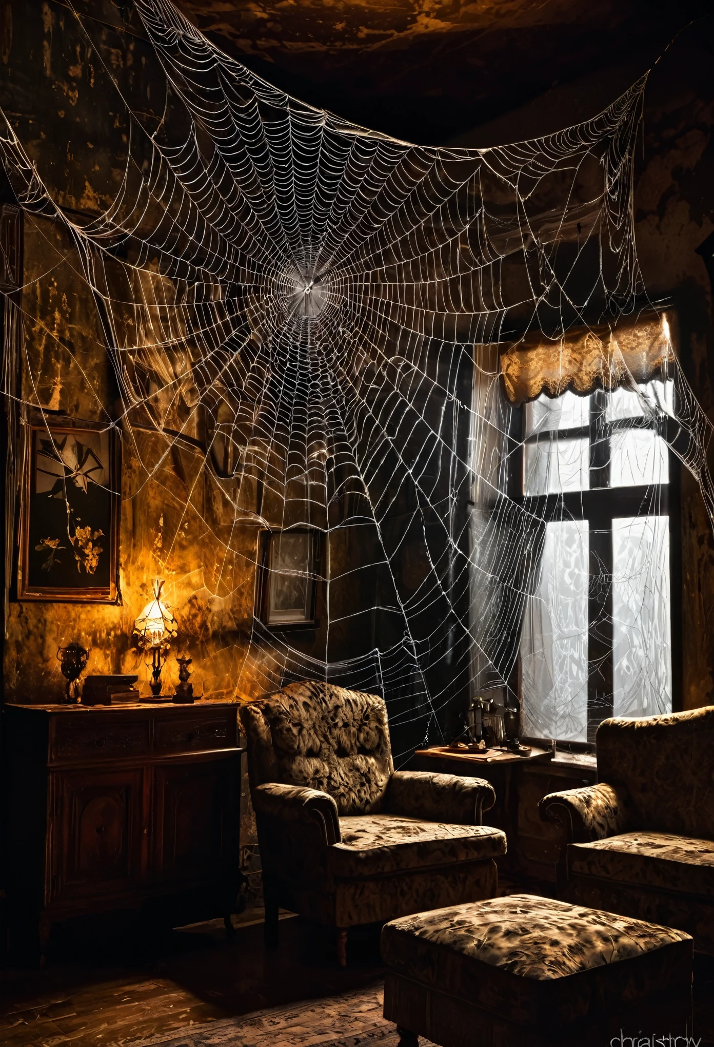 a living room filled with old and rotten spider webs, intricate web patterns covering the walls and furniture, moody lighting, realistic photographic style, highly detailed, cinematic composition, chiaroscuro lighting, natural textures, vintage