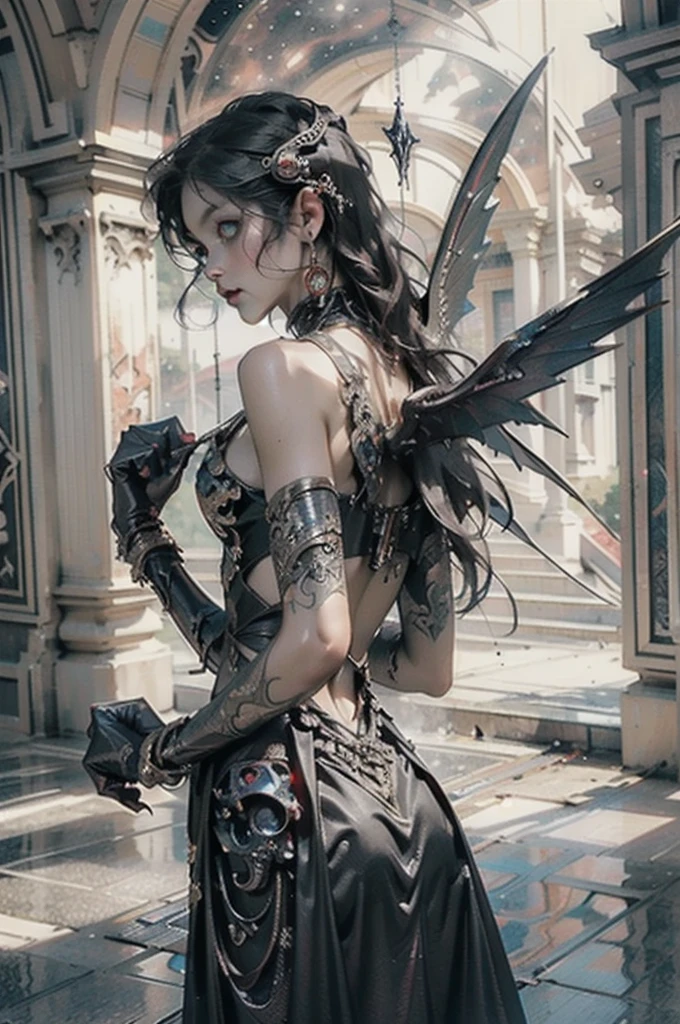 masterpiece, best quality, realistic, a demon girl, long black hair, corset horns, black wings, cat eyes, dark environment