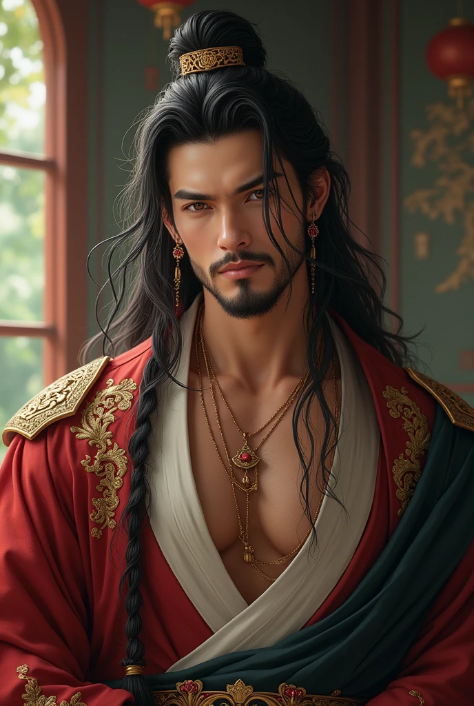 ((((Genghis Khan)))),man:1.5,1 man,(((1man))),((mature man)),

(((male gender:1.5,male focus))),

(((large black hair, black hair))),((((Mongolian style mustache)))),(((lustrous skin:1.5,bright skin: 1.5,skin tanned,shiny skin,very shiny skin,shiny body,illuminated skin))),(((brown_eyes:1.2))),intricate eyes,beautiful detailed eyes,symmetrical eyes,((man chest)),(((detailed face))),

(striking fear with his appearance:1.3), donning formidable Mongolian battle armor, battle-hardened expression, commanding presence, intimidating atmosphere, capturing the essence of the conqueror's might,(((Asian))),((bulge in pants)),((red clothes theme,intricate outfit,intricate clothes)),

(dynamic pose:1.0),solo focus,((evil smile,evil look)),(centered,scale to fit dimensions,Rule of thirds),

((ash desert, land of nothingness, a lifeless desert land, there are ruins, gold)),scenery:1.25,((intricate scenery)),

(Glossy mongolian ornaments),highres,sharp focus,(ultra detailed,extremely detailed),(photorealistic artwork:1.37),(extremely detailed CG unity 8k wallpaper),(((vibrant colors,vibrant theme))),(intricate),(masterpiece),(best quality),artistic photography,(photography taken by sldr),(intricate background),perfect rendered face,perfect face details,realistic face,photo realistic,((intricate detail)),(((realism))),
