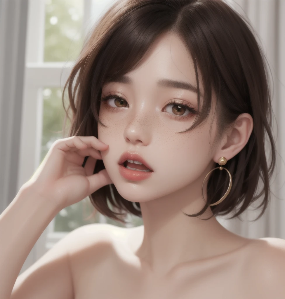 1 girl, Japanese, 4k, realistic, soft skin, texturized skin, short whavy black hair with bangs, bob hairstyle, colorful hair, shining brown eyes, red eyeliners, shining red lips, soft makeup, freckles, round gold earings, pijama, covered by a red blanket, tattoos, open mouth, eyes half closed, waking up from bed, yawning, soft lighting, portrait, bright colors, looking directly to the viewer.