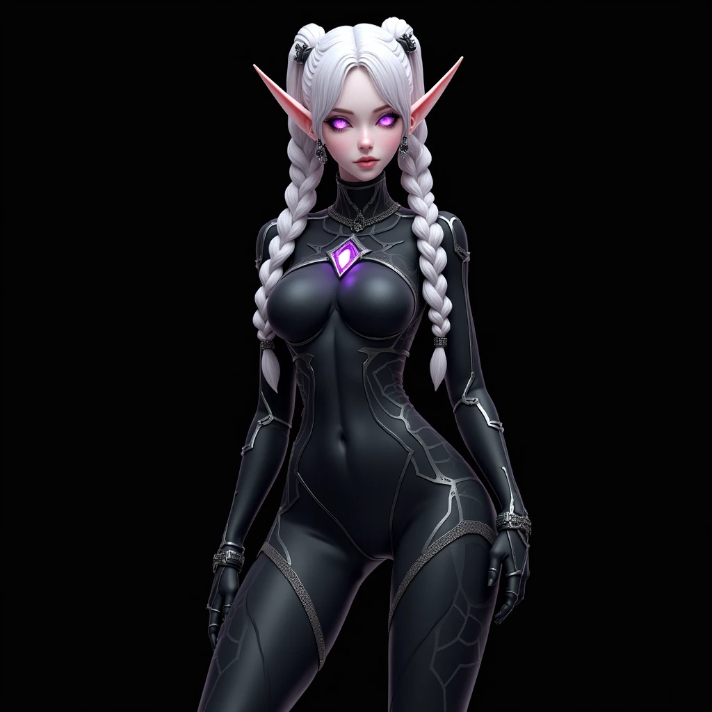 (masterpiece, best quality, perfect face, beautiful and aesthetic:1.2, dynamic angle, highest detailed face), (beautiful female elf assassin, long messy hair, (silver hair:1.2), (purple eyes:1.3), huge breasts, narrow waist, perfect fit body, shapely butt, (thick tights:1.1)), (flawless porcelain skin:1.8, pale skin:1.3), (inside dark desolated cave), (dark blue theme:1.2), glowing, (blue aura:1.2), (hold daggers), floating hair, telekinesis, blue energy magic swirling around, (extremely detailed eyes), detailed skin, skin pores, ((very revealing suit:1.2)), no slevees, sleevless, enchanting gaze, full body portrait, cinematic lighting, dark scene, (dim light), mute lighting, dimly lit, looking at viewer, seductive pose:1.4, full shot, (solo:1.4), (high quality, CG, 4k, extremely detailed, hyper realism, dramatic light, sharp, HDR)