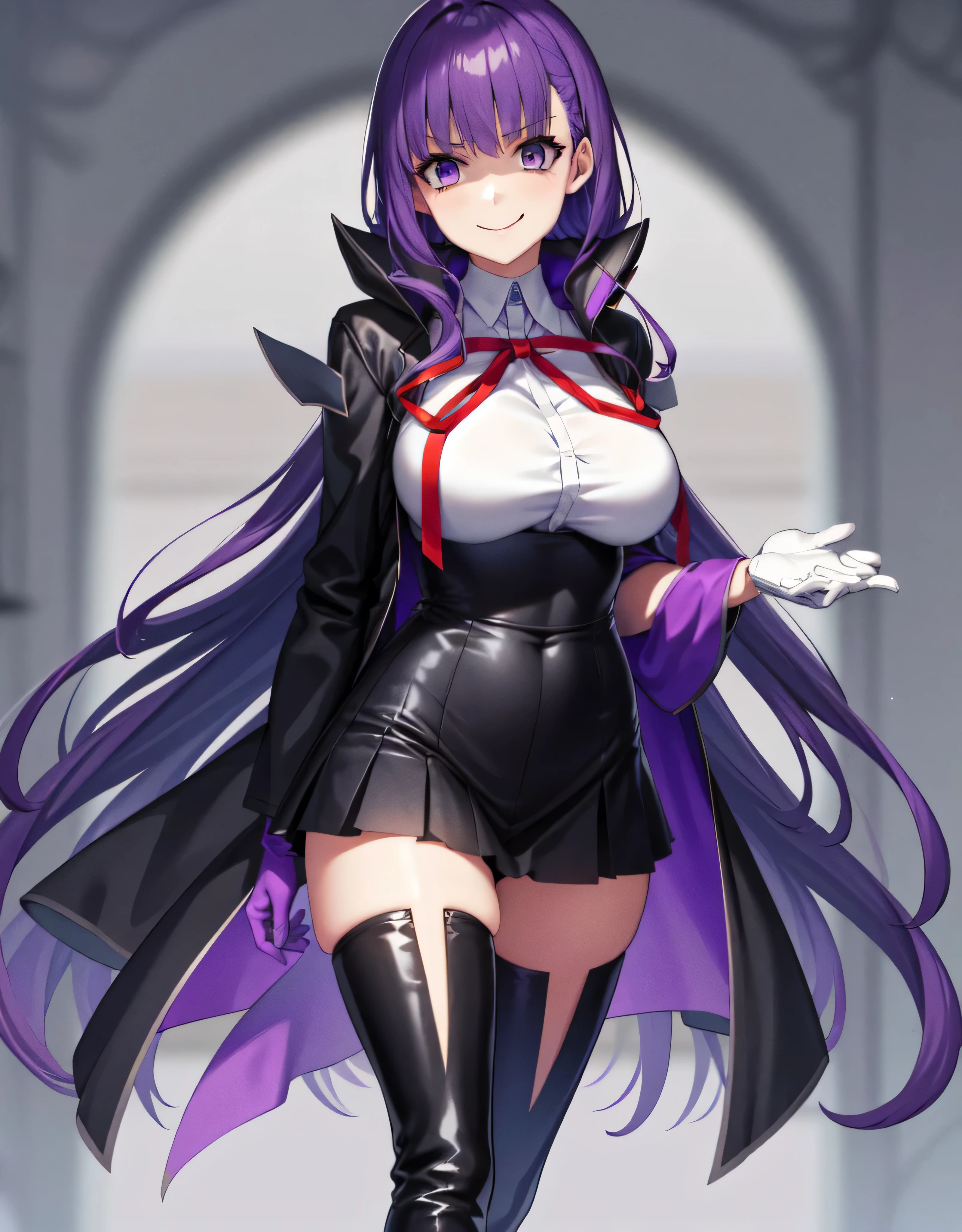  Isoscale, Mid Shot,  night, ,,, Purple Hair, Black jacket, White shirt, Black Skirt, Red ribbon, Big Breasts, Purple eyes, White gloves, Long Hair, Large collar, Wicked Smile,,shiny thigh high boots,(Wicked Smile:1.3),Highly detailed CG Unity 8k wallpaper, Perfect lighting,,Looking down at the viewer,,Anxious smile,Deep Dark World Background,Dark shadowed face(Eyes in the shadows),solo,Yandere,latex,masterpiece, Highest quality, High resolution, One person,View your viewers,look down,Release black darkness from your hands,Embodiment of evil,two hands,Two legs,five fingers,Broken ruins,purple aura,