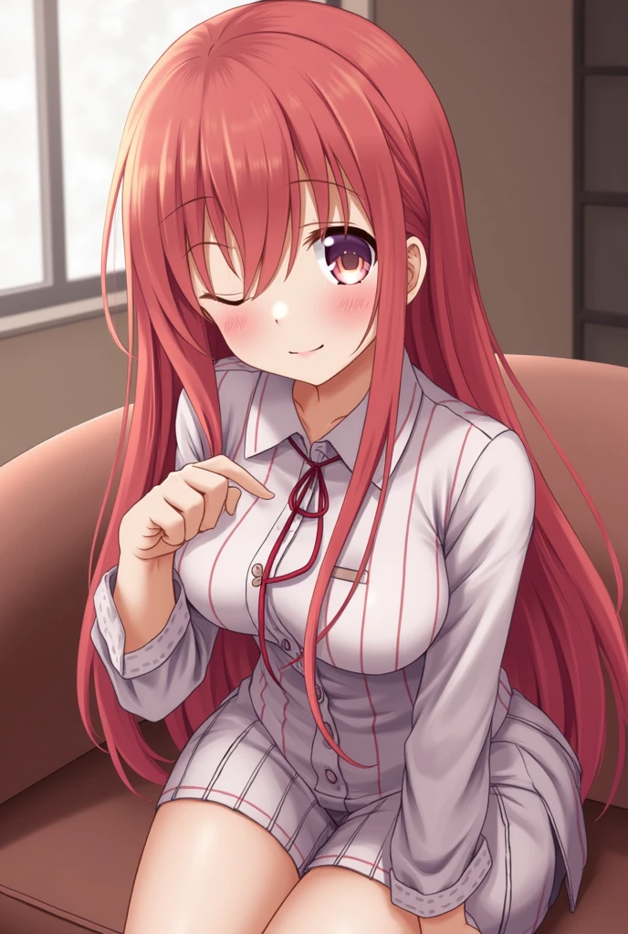Masterpiece, best quality, highres, upper body, close up, detailed eyes, red hair, yellow eyes, white backround, long hair, blush, black sweater, beautiful eyes, large breaast, (closed lips), ((hair down)), very long hair, smile