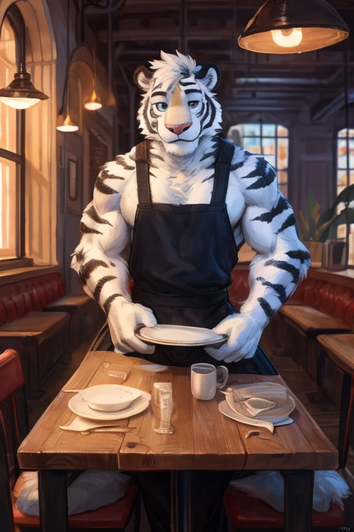 (((inside of a small Cafe standing behind the table with the POV of you sitting at the table looking at the waiter  ,the waiter is a light gray tiger shark with white hair male standing up with big muscle, An artwork,wearing waitress waiter clothing, clothing))), big chest wearing clothing , day, , sensual, detailed, uploaded to e621, beautiful and detailed portrait of an anthropomorphic , (((male))) uploaded to e621, zaush, foxovh, movie lighting, thicc, alone, movie cover, detailed, 8k res, hires, detailed eyes, good anatomy, good perspective, towards viewer, by bebebebebe, by sicklyhypnos, by gerkk, by orf, nice hands, perfect hands, happy, romantic, ray tracing lighting, rtx on