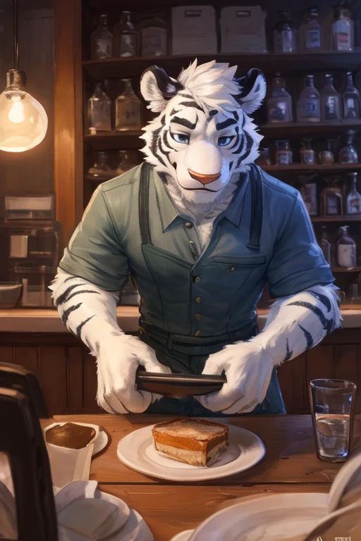 (((inside of a small Cafe standing behind the table with the POV of you sitting at the table looking at the waiter  ,the waiter is a light gray tiger shark with white hair male standing up with big muscle, An artwork,wearing waitress waiter clothing, clothing))), big chest wearing clothing , day, , sensual, detailed, uploaded to e621, beautiful and detailed portrait of an anthropomorphic , (((male))) uploaded to e621, zaush, foxovh, movie lighting, thicc, alone, movie cover, detailed, 8k res, hires, detailed eyes, good anatomy, good perspective, towards viewer, by bebebebebe, by sicklyhypnos, by gerkk, by orf, nice hands, perfect hands, happy, romantic, ray tracing lighting, rtx on