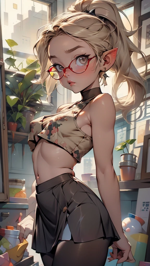 glow，masterpiece, beautiful, 4K, best quality, rave style， cute face, small breasts,  blonde，high ponytail，pointed ears，round frame glasses，wide hips， Pouting expression， pantyhose, bunny girl

(nsfw:0.55), ((flat chested, flat stomach, baby face)), (intense colors)