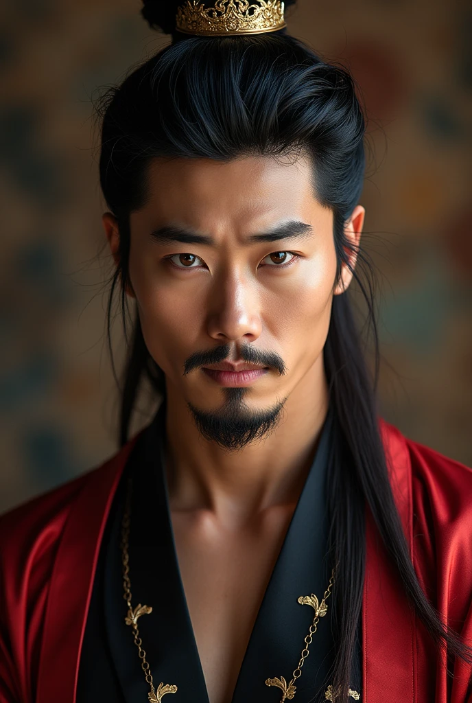 Handsome tall young man, black hair bun, blue eyes, Muscular body, Sensual, Sexy將軍, assamese aesthetic, (High Detail Skin:1.2), 8K Ultra HD, Digital SLR Camera, Soft lighting, high quality, Film Grain, Fuji XT3 (Face:方长Face, Egyptian Eye, [eye color brown], Straight nose, Lower lip protrusion, 圆Face颊, Cleft chin),8K，(8K分辨率)，Muscular black man, Cool guy，Sexy, Bright and charming eyes，Dark Skin, Smooth and shiny，Chest muscles，chest hair，Big bulging breasts，naked，茂密的chest hair体毛，Best quality，Professional lighting，Professional photography，real picture，Realistic Model，Realistic Art,Elegant and solemn look, Sundanese, Ancient Java, masterpiece, Best quality, (细致的Face部, Detailed approval, Delicate skin texture, Extremely detailed body), Practical, 4K Textures, HDR, Best 8k, Crazy details, Intricate details, Ultra Detailed, Ultra-high quality, Very detailed, Extremely detailed, Soft movie lighting information,god,Thai,Traditional clothing,Complex patterns,Composition,Immerse yourself in Thai culture,Gorgeous palace background,Sitting on a golden ornate chair,There is a woman wearing traditional Thai clothes next to her,
