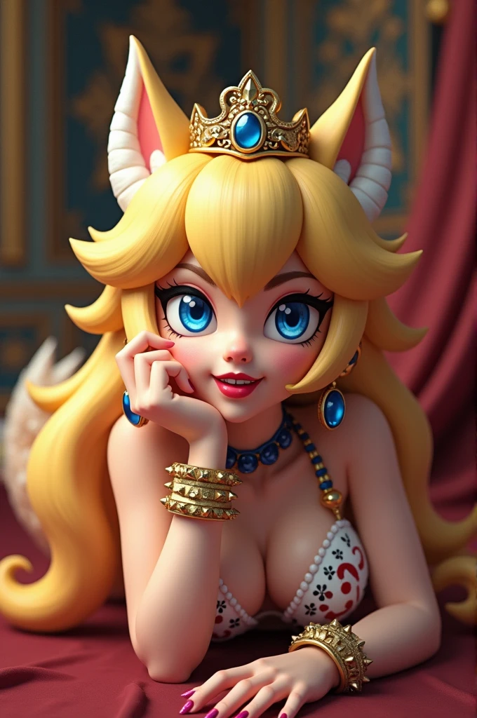 STICKER, (solid outline:1.3), (NSFW:1.2), A detailed illustration of a vivid Sexy Princess Daisy from Mario kneeling down, bare breasts, pink thong, face view, Solo Female, big breasts, small golden crown, erect nipples, Full length View, high heeled boots, shoes visible, white gloves, no background, zoom out, centre model, vintage t-shirt design, in the style of hand drawing, 3D vector art, fantasy art, watercolour effect, Adobe Illustrator, hand-drawn, digital painting, low-poly, soft lighting, isometric style, retro aesthetic, focused on the character, 4K resolution, photo realistic rendering, using Cinema 4D,