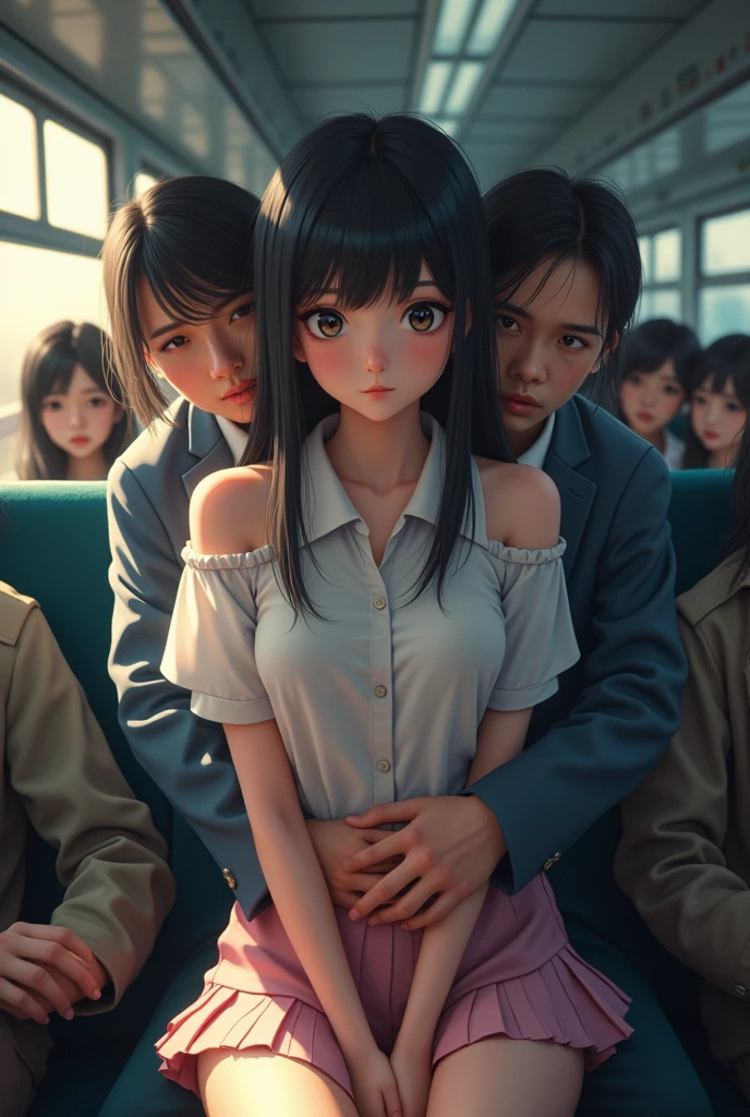 (NSFW:1.3), ((masterpiece)), ((highest quality)), (Super detailed), ((cute)), cute, (Lovely), ((sexy)), (device), ((very detailed)), 4K, (8K), highest quality, (beautiful), anime style, realistic, real, dynamic angle, ((1 girls, solo, cute girl)), ((office lady suits)), ((hyper cute face)), beautiful light brown hair, beautiful black eyes, ((beautiful eyes)), large breasts, embarrassing, blush, ,holding on to the railing of the train,armpits, (presenting armpit:1.3),(looking away:1.4), (train interior:1.3),(crowded train:1.3),
upper body,(white shirts:1.5),
,alternate breast size, breast grab, (a boy,grabbing from behind:1.5)
,(frown:1.2), (embarrassed,blush:1.2),(Stunned face of despair:1.1),sweat,(angry:1.2)