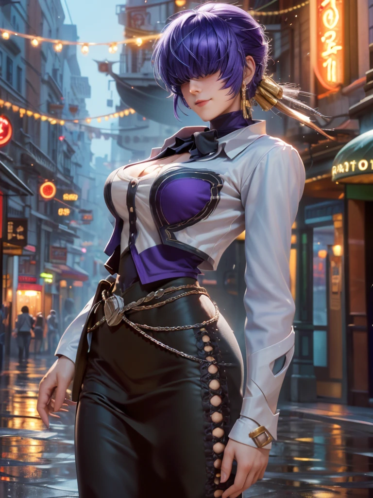 (at night), alone, in a video game scene, a background of a beautiful city during the day raining, standing at attention, purple hair with bangs covering his eyes completely, he wears a beautiful black Mexican mariachi costume with gold details and dress long ((bangs covering eyes)), 1 girl, alone, 20 years old, woman young, perfect and beautiful hands with perfect fingers, beautiful long legs, perfect legs, beautiful body, beautiful nose, beautiful character design, perfect face, looks at viewer (focusing on entire character), closed mouth, Light_Smile, official art, extremely detailed 8k CG wallpaper unit, perfect lighting, bright and colorful front lighting, glowing skin (masterpiece: 1.0), (best quality: 1.0), ultra high resolution, 4K, ultra detailed photography, 8K, HDR, high resolution, nonsense: 1.2, Kodak portra 400, film grain, background blur, bokeh: 1.2, lens flare, (vibrant_color: 1.2) , professional photography, (beautiful_face: 1.5), (narrow waist), Masterpiece, Best quality, Depth of field,
