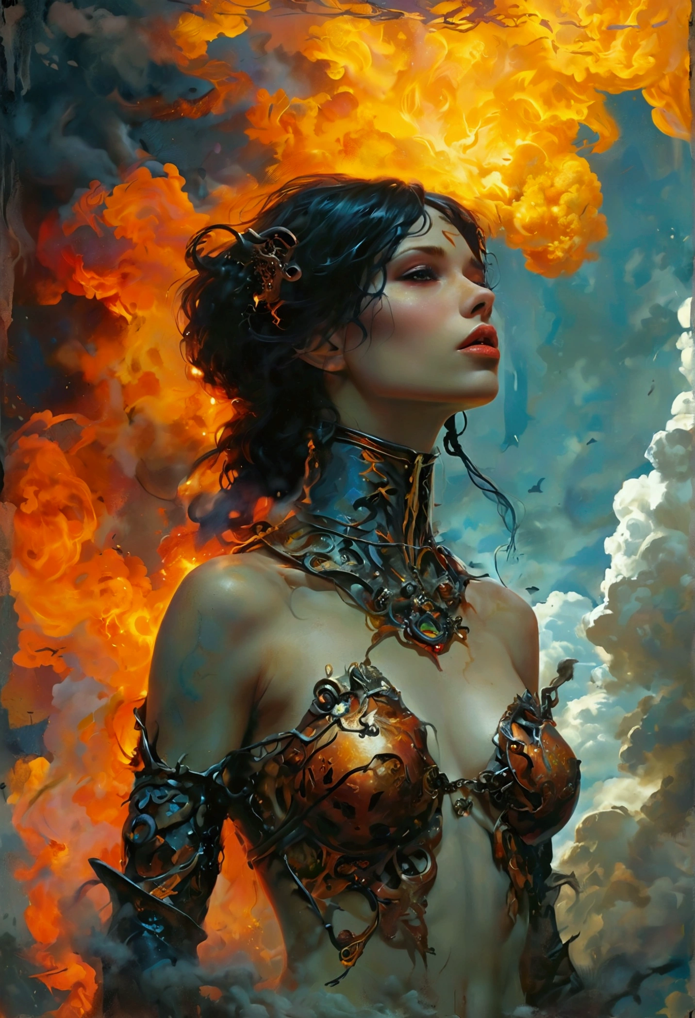 there is a woman in a dress standing in front of a fire, stefan gesell, witch burning, 4k fantasy art, fantasy woman, cgsociety contest winner, unreal engine render + a goddess, beautiful maiden, unreal engine fantasy art, a very beautiful berserker woman, appears as the fire goddess, epic fantasy art style hd, fantasy art behance