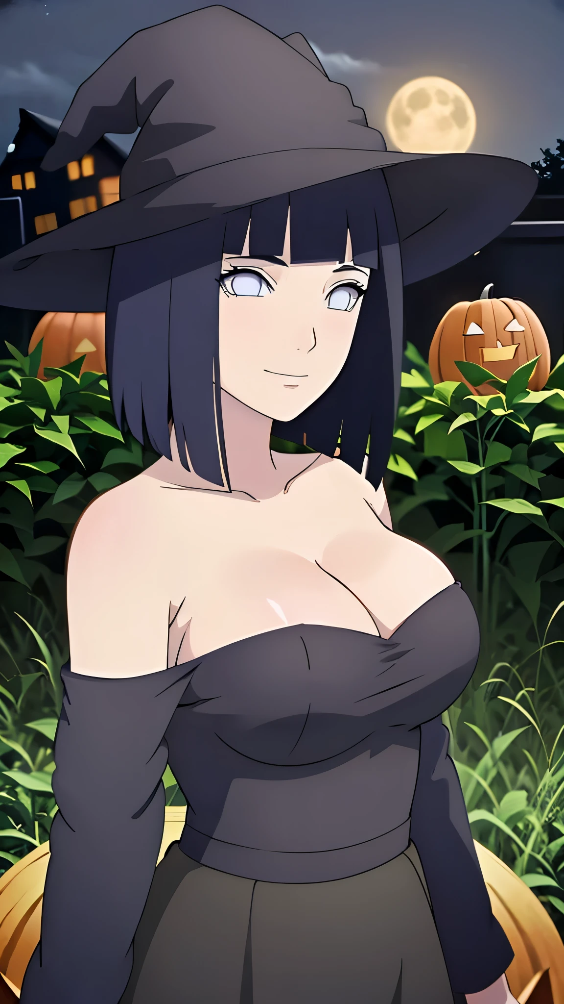 masterpiece, absurdres , (intricate details), (colorful),cinematic lighting,extremely detailed CG unity 8k wallpaper ,hinata\(boruto\), 1girl, solo, bangs, beautiful eyes, glowing eyes, witch hat, witch outfit, black stockings, black skirt, black robe, big breasts, bralette, bare shoulders, belly button, standing, curvy waist, slim waist, Halloween, witch, night time, Jack o lanterns, at pumpkin patch, field, haystacks, outdoors, cute smile, blushing, full body shot, zoomed out