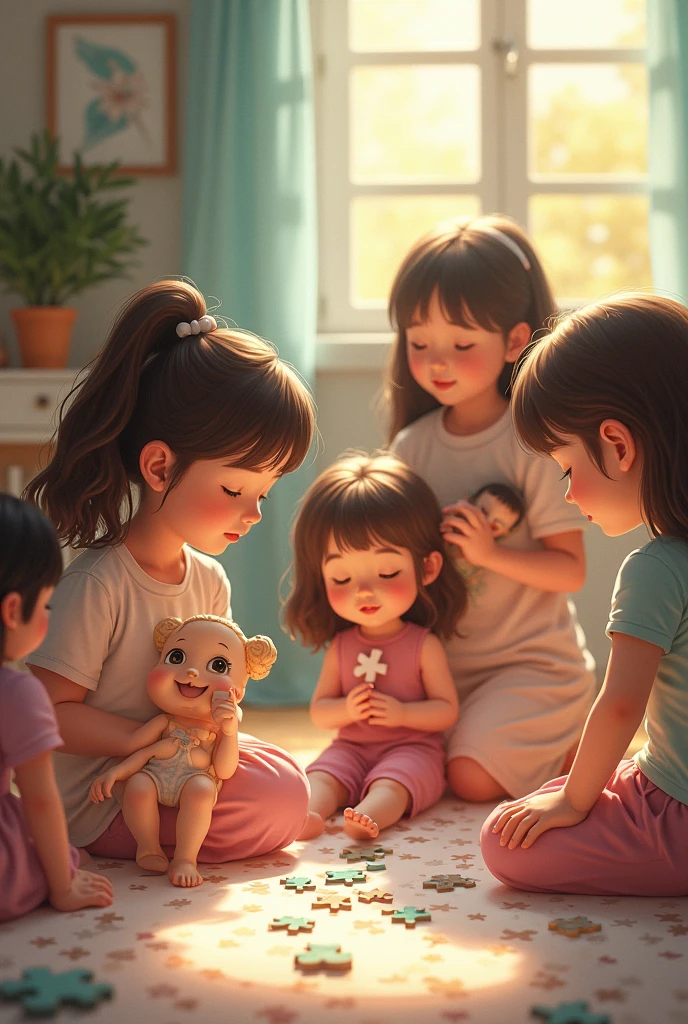 Make a picture of two girls playing dolls in their living room, one girl is  and the other is ., 