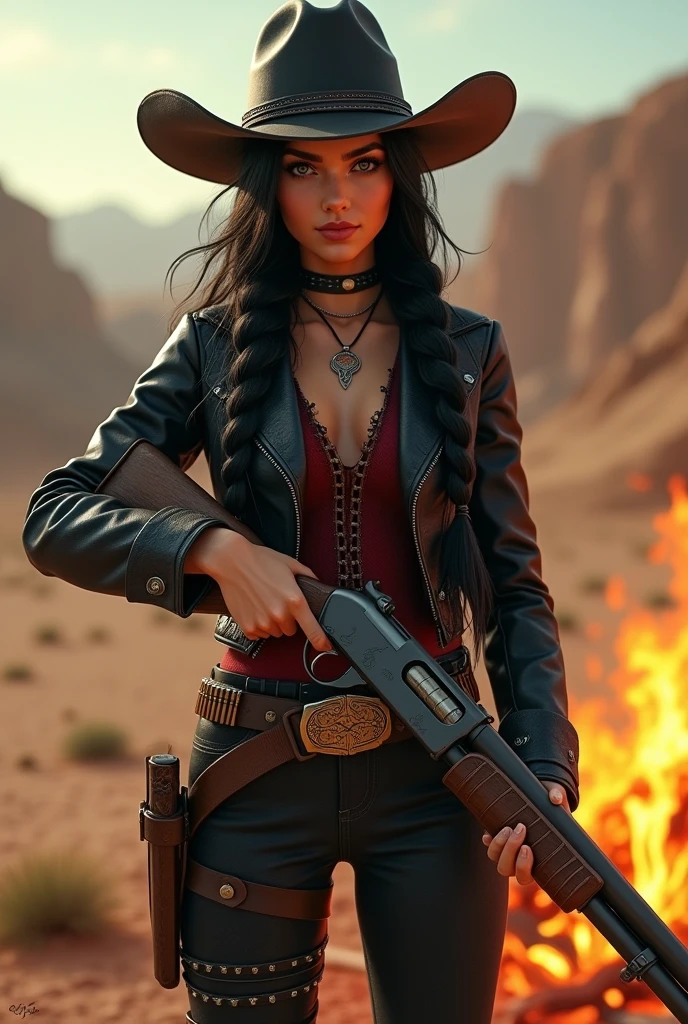 an attractive woman [gunslinger:bounty hunter:0.4] standing in a scifi wilderness (prismahills style:1) <lora:djzPrismaHills_LB2:0.8>