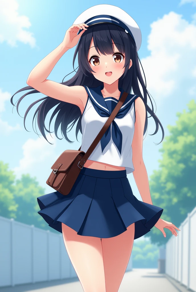wallpaper, Clear Face, (masterpiece), town, blue sky, 一people々Girl, people々々Guide in the right direction, smile, 一people々in, Sailor suit、Long skirt, Overgrown, petal, plant、Skirt lining、White slip、nostalgic、pantyhose(gray)、You can see the sea in the distance, Crotch close-up