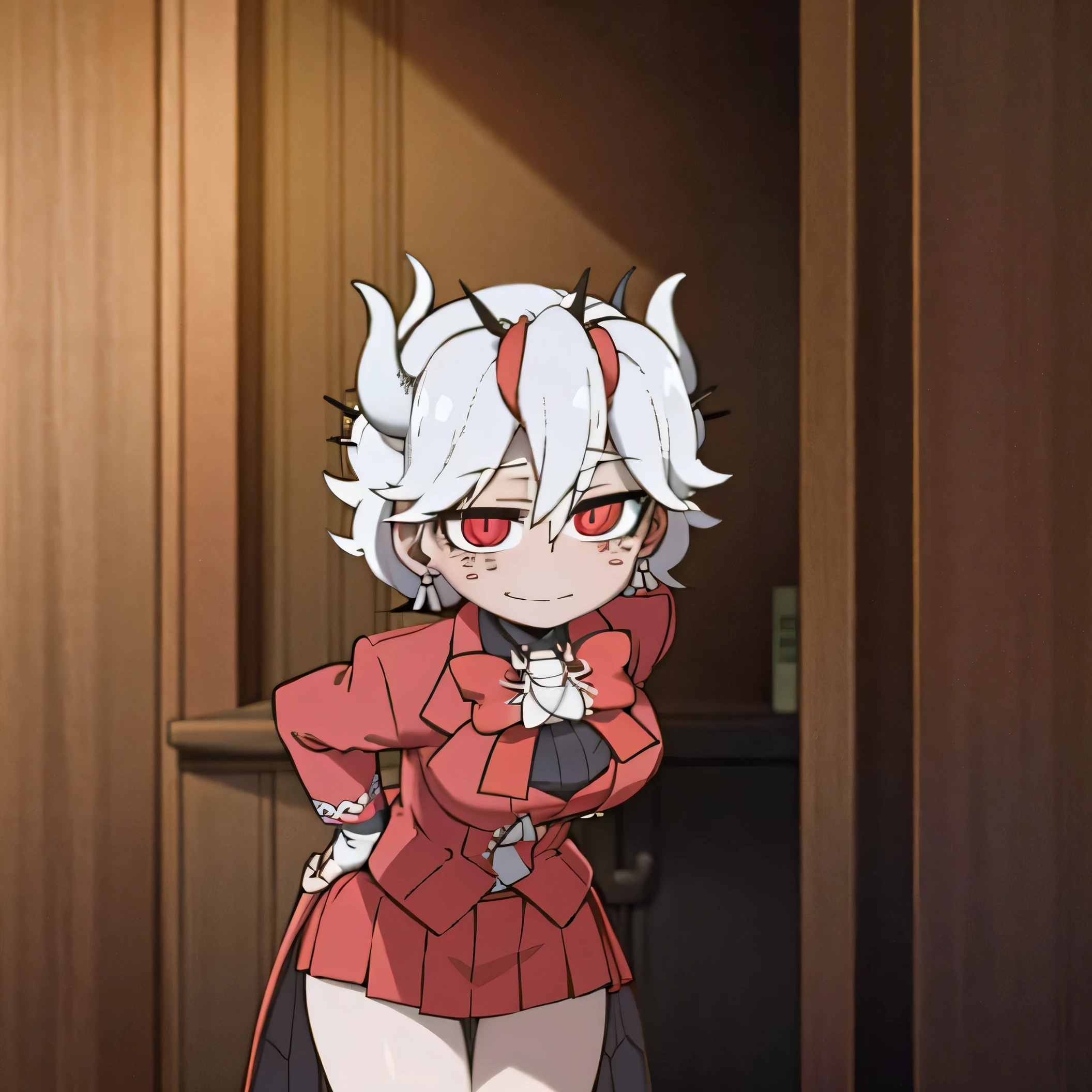 beelzebub(helltaker), red bowtie,1girl, looking at viewer, red eyes, demon horns, white hair, smile, earrings, closed mouth, demon girl, red gloves, gloves, jewelry, horns, white horns, solo, hair between eyes, cowboy shot, solo, short hair, school uniform, skirt, standing, leaning forward, arms behind back, smile, classroom