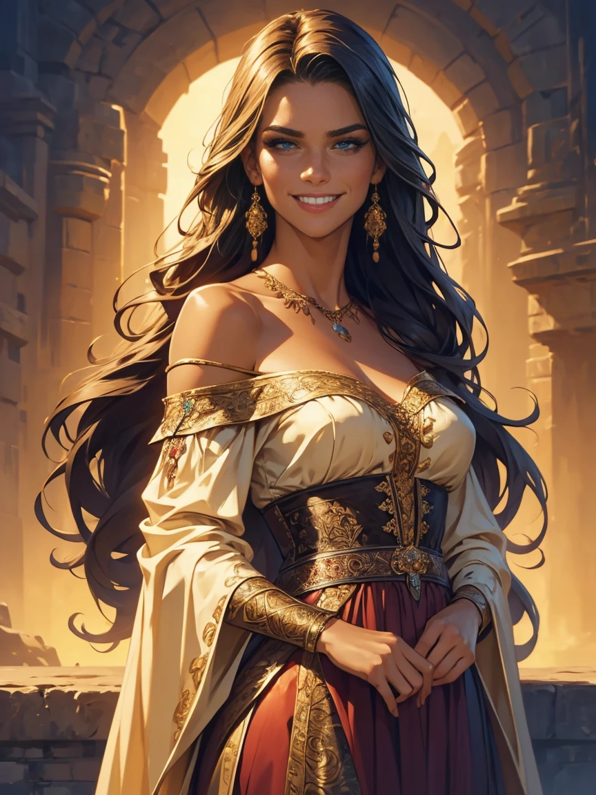 a beautiful girl with long flowing hair, off-the-shoulder dress, smiling, photorealistic, masterpiece, ultra high resolution, digital art, detailed face, intricate details, warm lighting, vibrant colors, realistic skin tones, cinematic composition, fantasy background, dreamy atmosphere