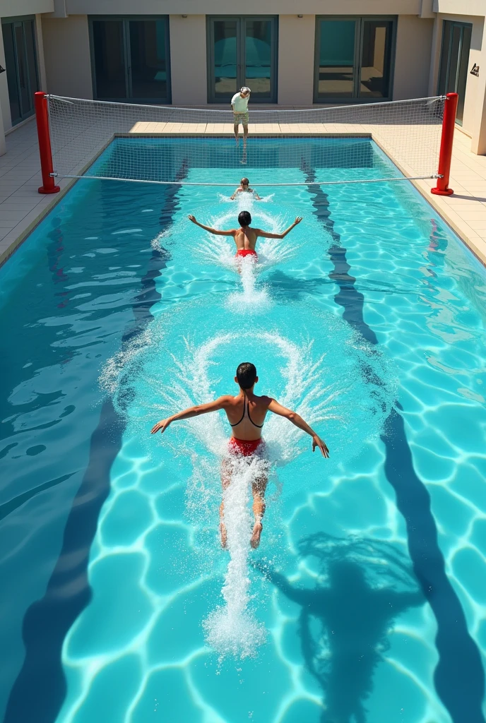 A group of synchronized swimmers performing in a vibrant, turquoise swimming pool, bird eye view
