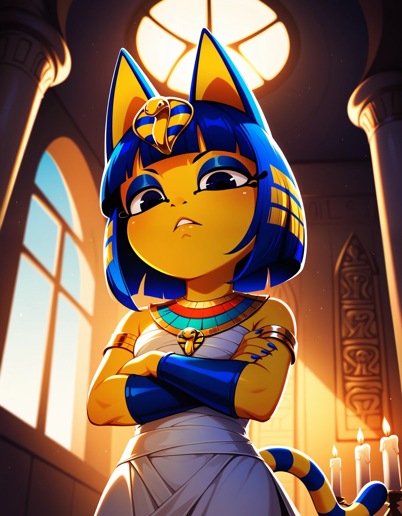 ankha_(animal_crossing), ankha furry, detailed and extremely fluffy body fur, masterpiece, detailed background, happy,