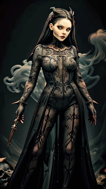 4K Realistic, highly detailed photograph of a dark demon shrouded in smoke. a gothic woman with red eyes. Gothic woman wearing a gothic mesh maxi leather dress decorated with skulls and bones. Face and body realistic in highest detail. The background of the photo is dark and influenced by Gothic styles. Full body pose facing the camera. Viewing direction into the camera. Woman has a tall body with long legs and muscular build.